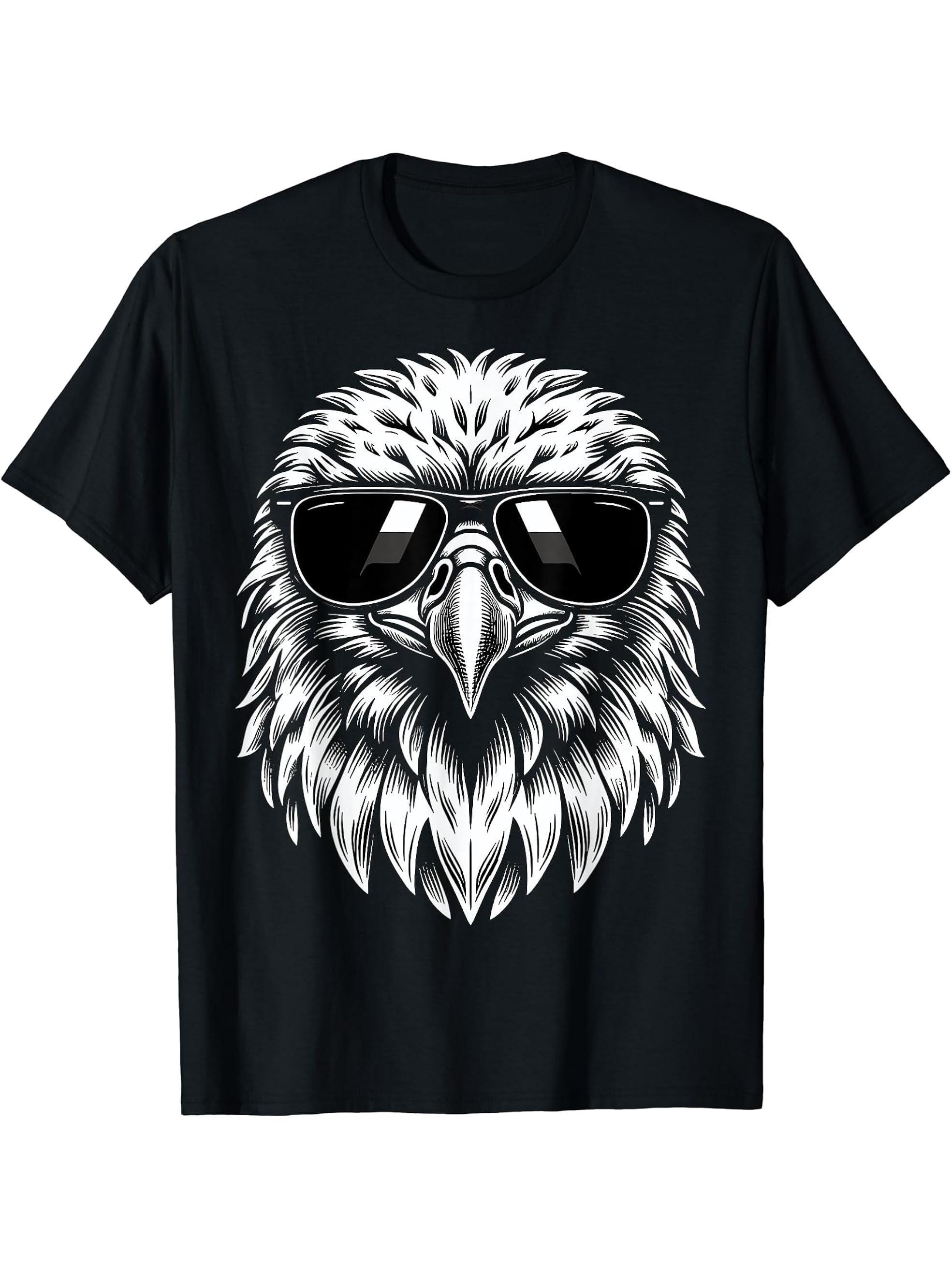 American Bald Eagle with Sunglasses T-Shirt 180G 100% Cotton Printed Round Neck Short-Sleeve T-Shirt, Gifts for Men Dad Husband Grandpa, S-XXXL, Black