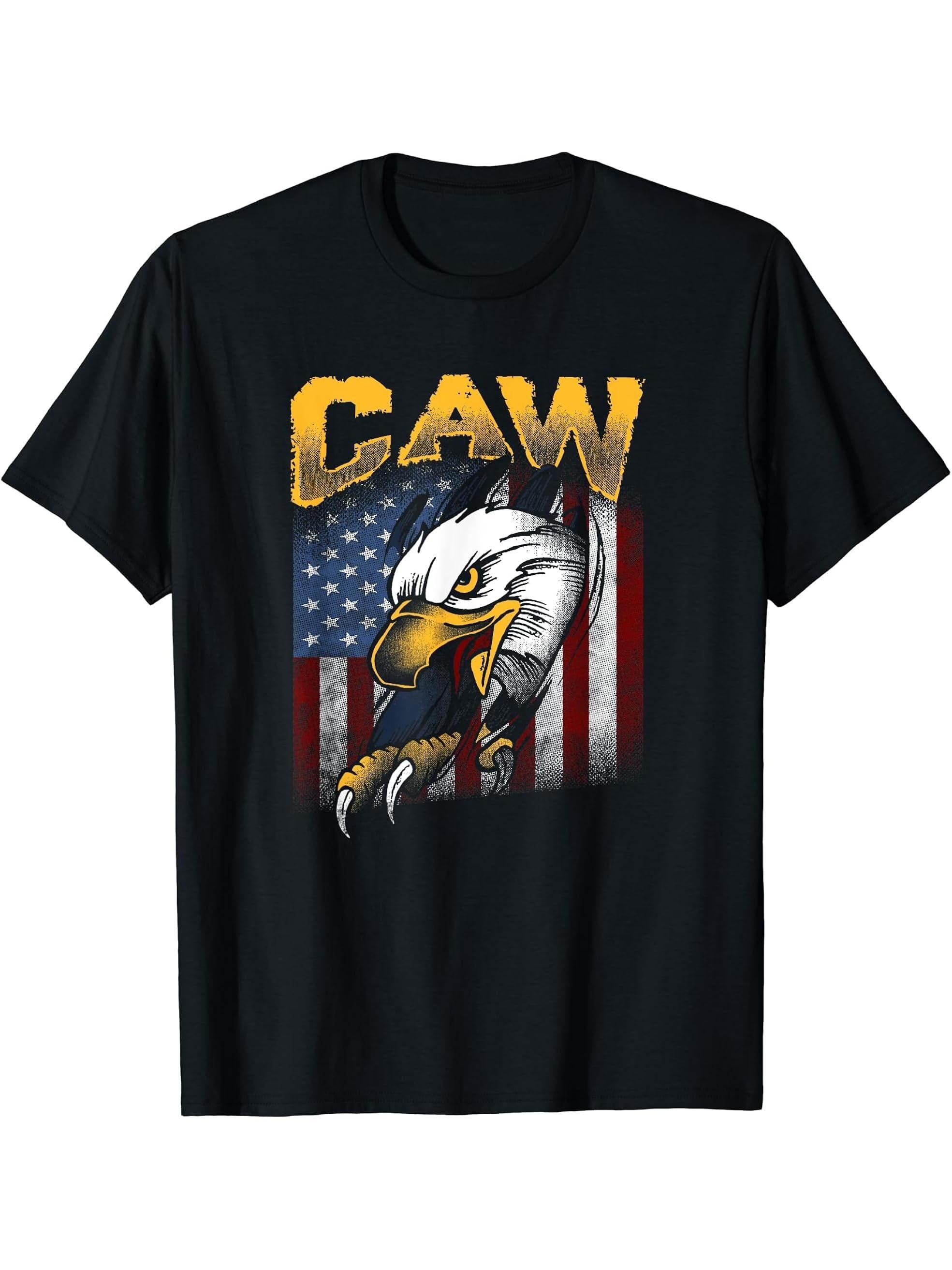 Caw! American Bald Eagle, July Fourth Patriot T-Shirt 180G 100% Cotton Printed Round Neck Short-Sleeve T-Shirt, Gifts for Men Dad Husband Grandpa, S-XXXL, Black