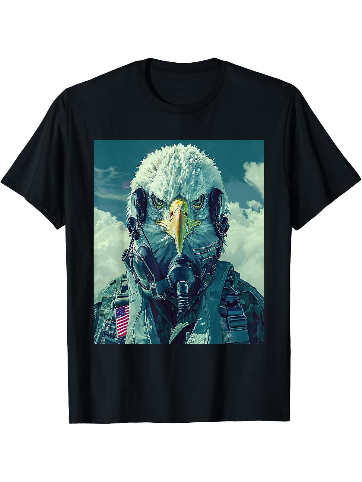 American Bald Eagle Fighter Pilot Patriotic US Military Art T-Shirt 180G 100% Cotton Printed Round Neck Short-Sleeve T-Shirt, Gifts for Men Dad Husband Grandpa, S-XXXL, Black