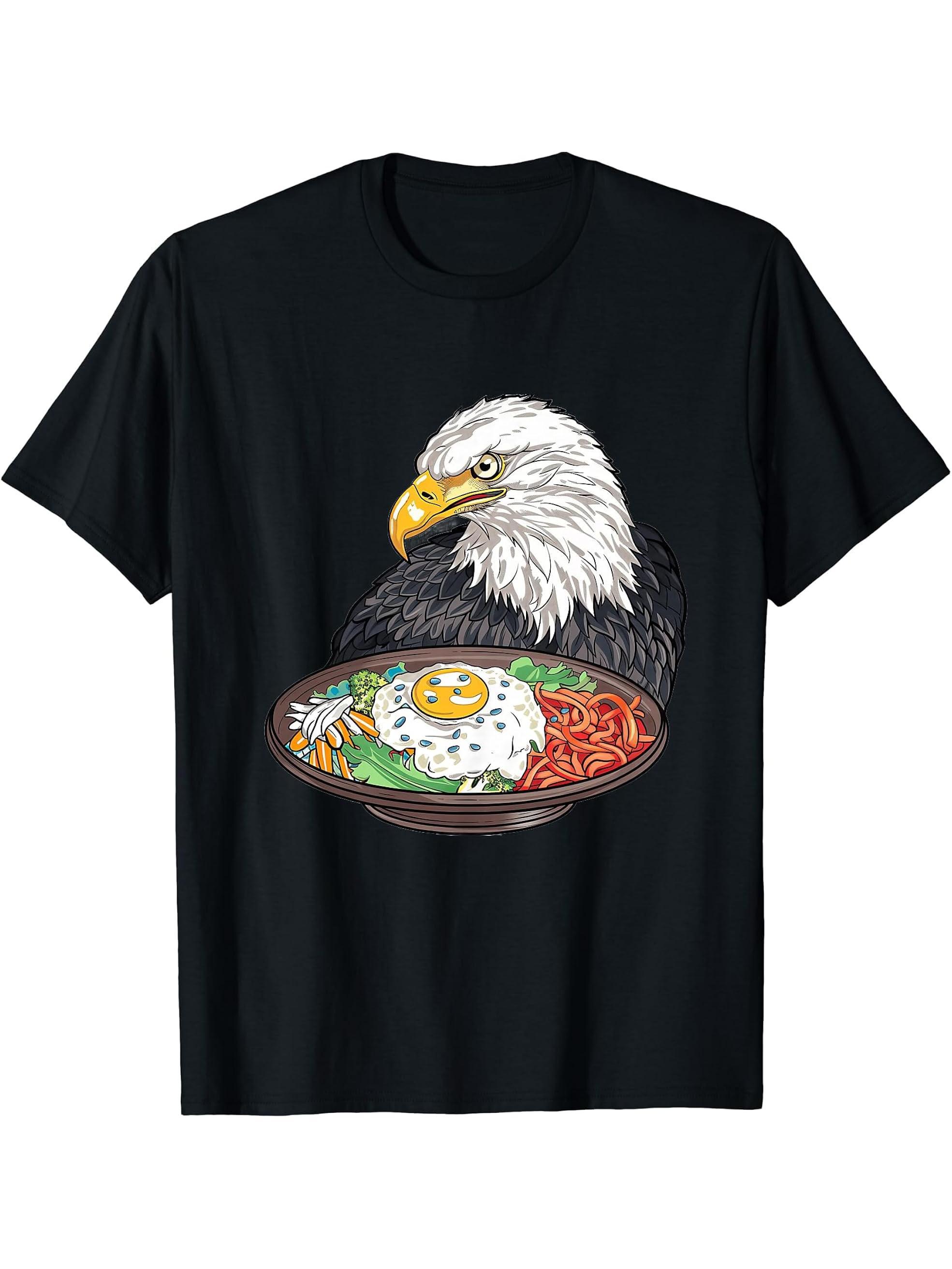 Bald Eagle Eating Bibimbap T-Shirt 180G 100% Cotton Printed Round Neck Short-Sleeve T-Shirt, Gifts for Men Dad Husband Grandpa, S-XXXL, Black