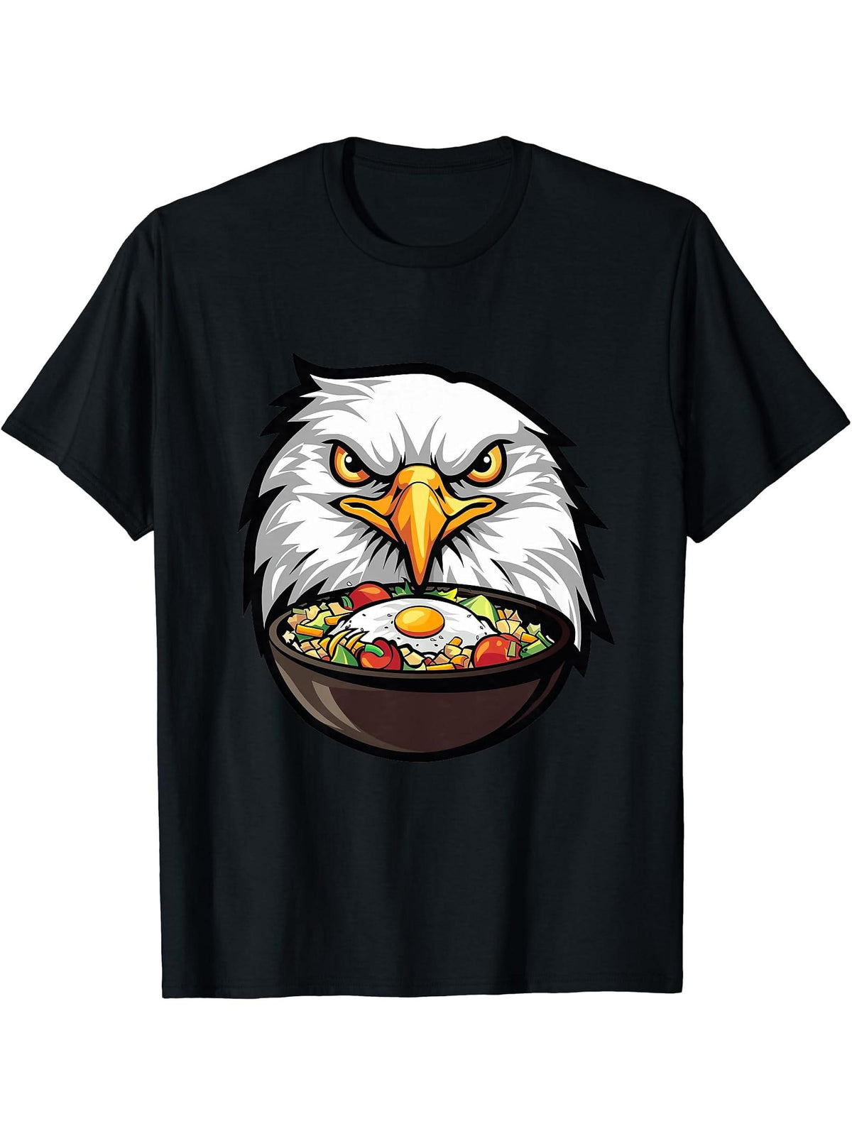 Bald Eagle Eating Bibimbap T-Shirt 180G 100% Cotton Printed Round Neck Short-Sleeve T-Shirt, Gifts for Men Dad Husband Grandpa, S-XXXL, Black