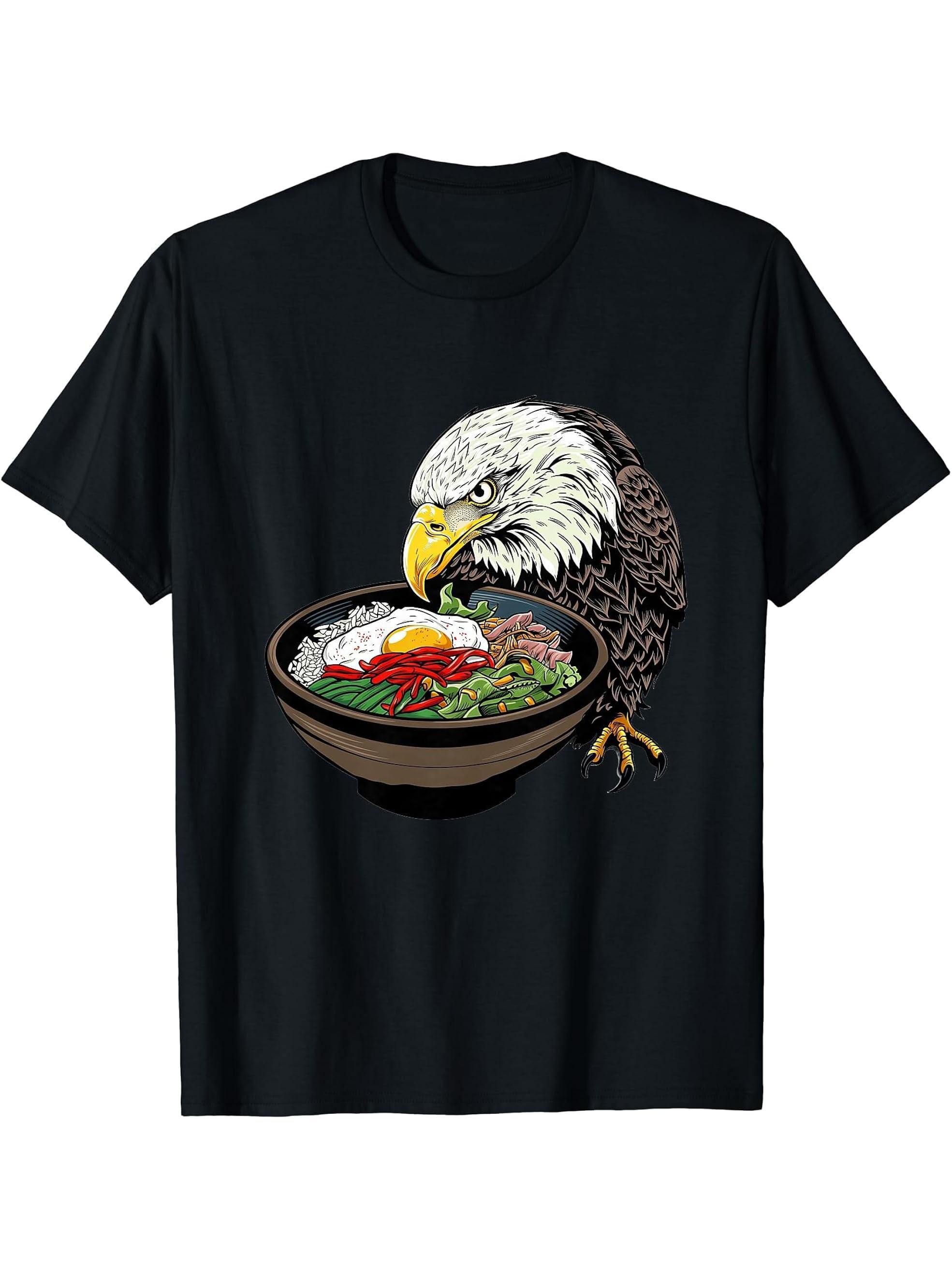 Bald Eagle Eating Bibimbap T-Shirt 180G 100% Cotton Printed Round Neck Short-Sleeve T-Shirt, Gifts for Men Dad Husband Grandpa, S-XXXL, Black