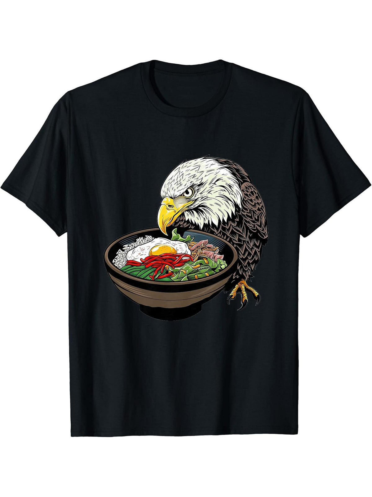 Bald Eagle Eating Bibimbap T-Shirt 180G 100% Cotton Printed Round Neck Short-Sleeve T-Shirt, Gifts for Men Dad Husband Grandpa, S-XXXL, Black