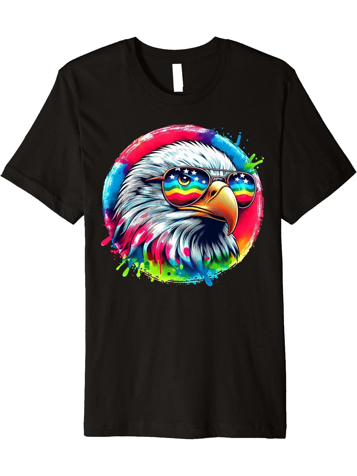 Cool Tie Dye Bald Eagle Sunglasses Bird Illustration Art Premium T-Shirt 180G 100% Cotton Printed Round Neck Short-Sleeve T-Shirt, Gifts for Men Dad Husband Grandpa, S-XXXL, Black