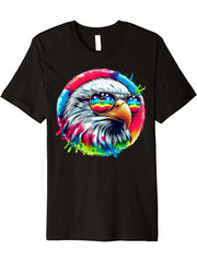 Cool Tie Dye Bald Eagle Sunglasses Bird Illustration Art Premium T-Shirt 180G 100% Cotton Printed Round Neck Short-Sleeve T-Shirt, Gifts for Men Dad Husband Grandpa, S-XXXL, Black