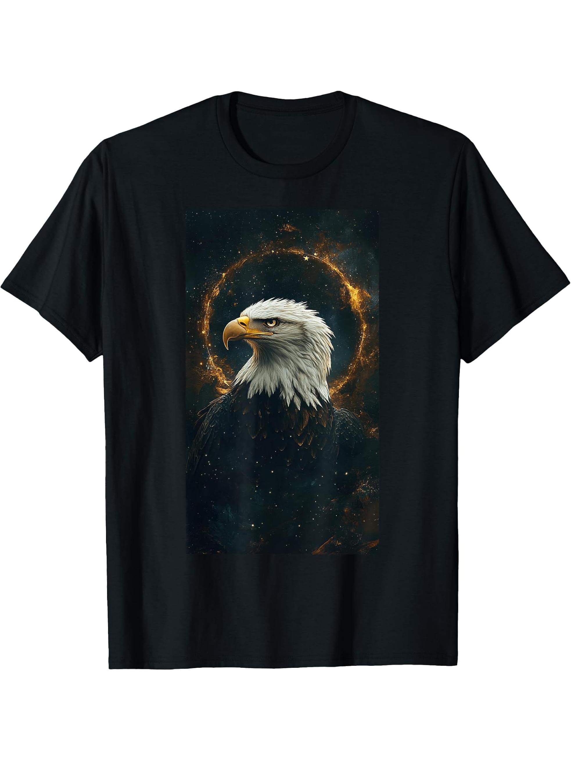 Bald Eagle Ring Wildlife art Nature lover Bird T-Shirt 180G 100% Cotton Printed Round Neck Short-Sleeve T-Shirt, Gifts for Men Dad Husband Grandpa, S-XXXL, Black