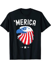 Bald Eagle - 'Merica - Fourth of July - American Flag T-Shirt 180G 100% Cotton Printed Round Neck Short-Sleeve T-Shirt, Gifts for Men Dad Husband Grandpa, S-XXXL, Black