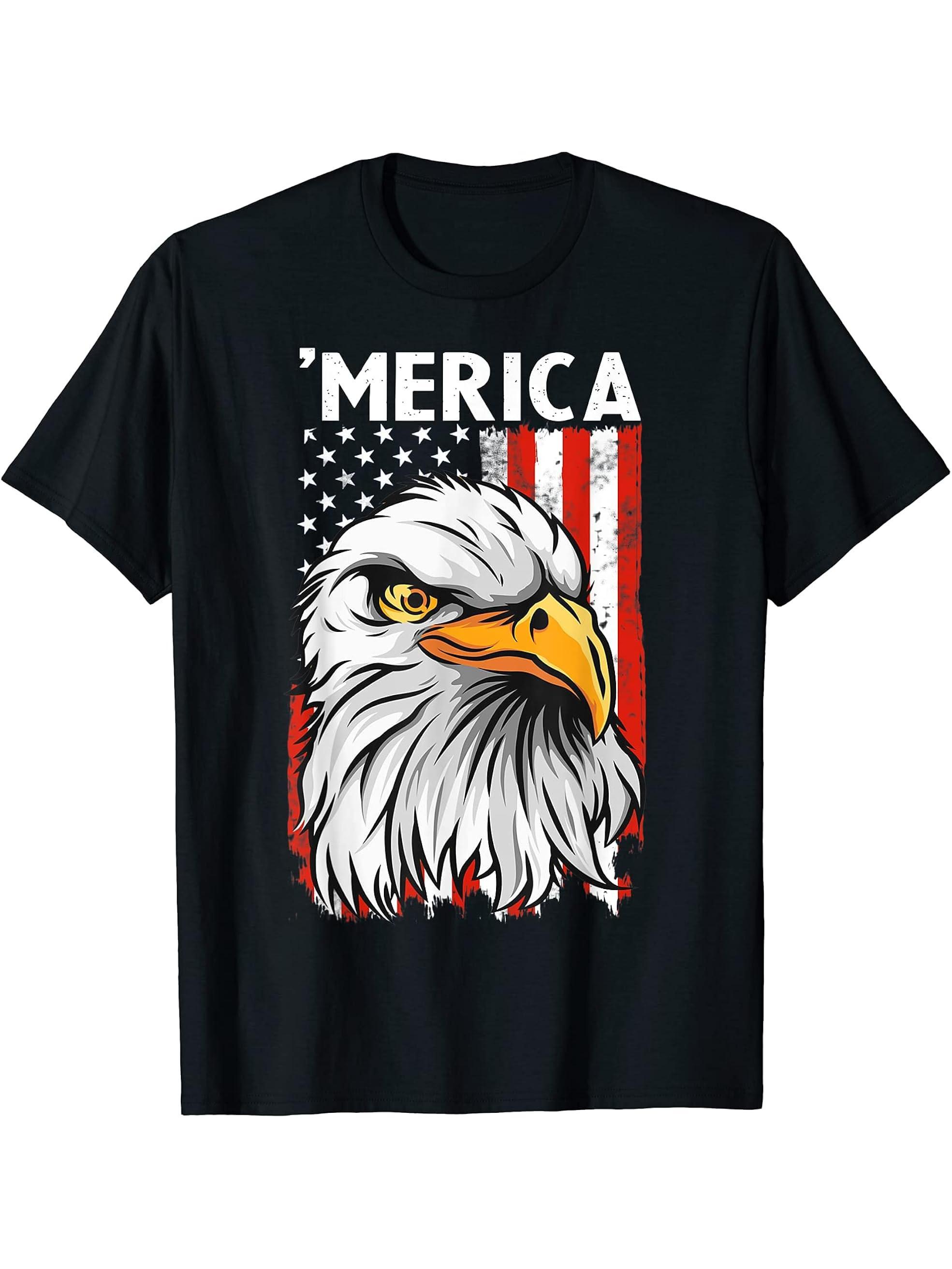 American Flag Bald Eagle Mullet Merica Tee Funny 4th Of July T-Shirt 180G 100% Cotton Printed Round Neck Short-Sleeve T-Shirt, Gifts for Men Dad Husband Grandpa, S-XXXL, Black