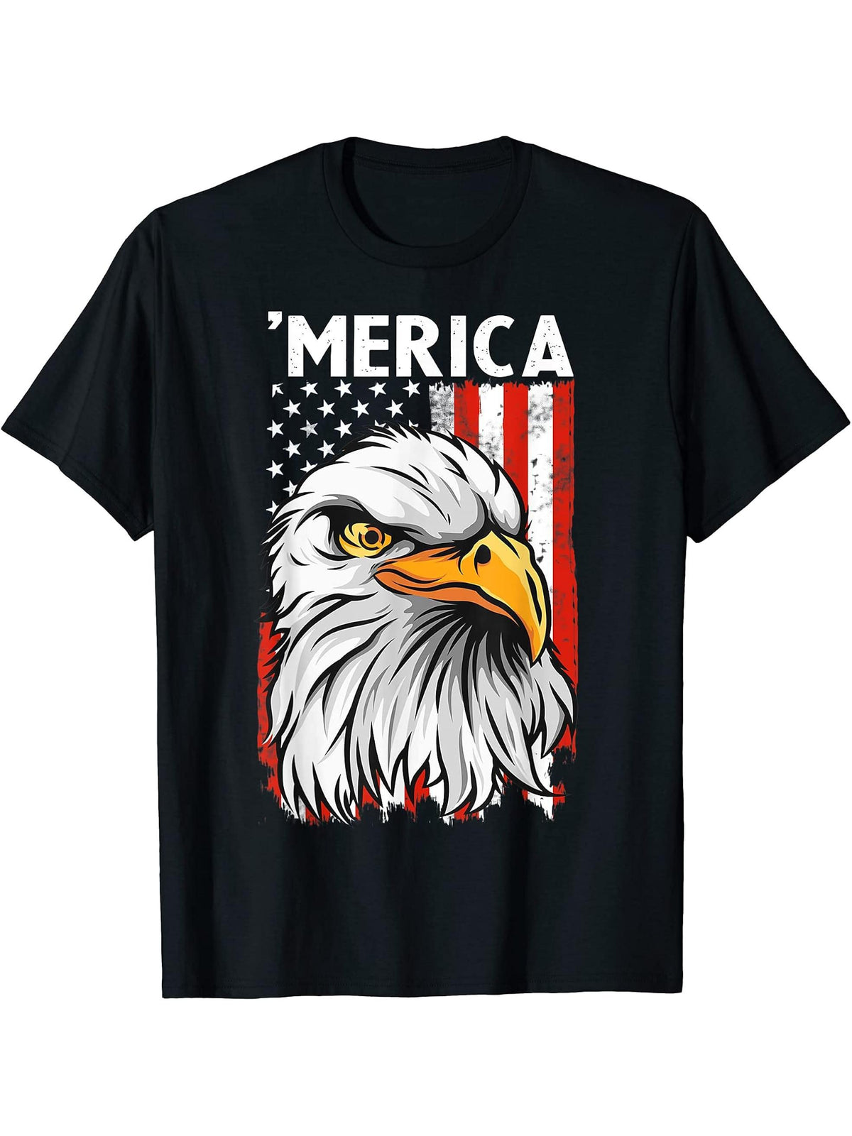 American Flag Bald Eagle Mullet Merica Tee Funny 4th Of July T-Shirt 180G 100% Cotton Printed Round Neck Short-Sleeve T-Shirt, Gifts for Men Dad Husband Grandpa, S-XXXL, Black