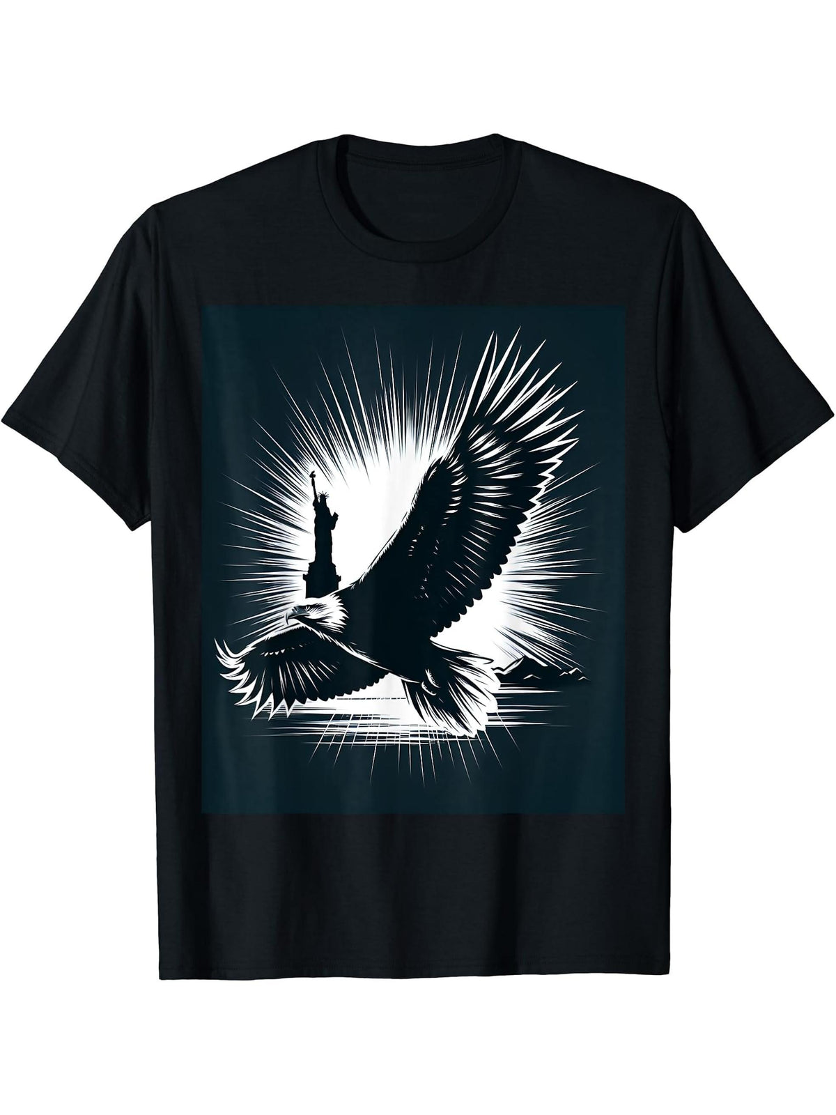 Bald Eagle And Statue Of Liberty T-Shirt 180G 100% Cotton Printed Round Neck Short-Sleeve T-Shirt, Gifts for Men Dad Husband Grandpa, S-XXXL, Black