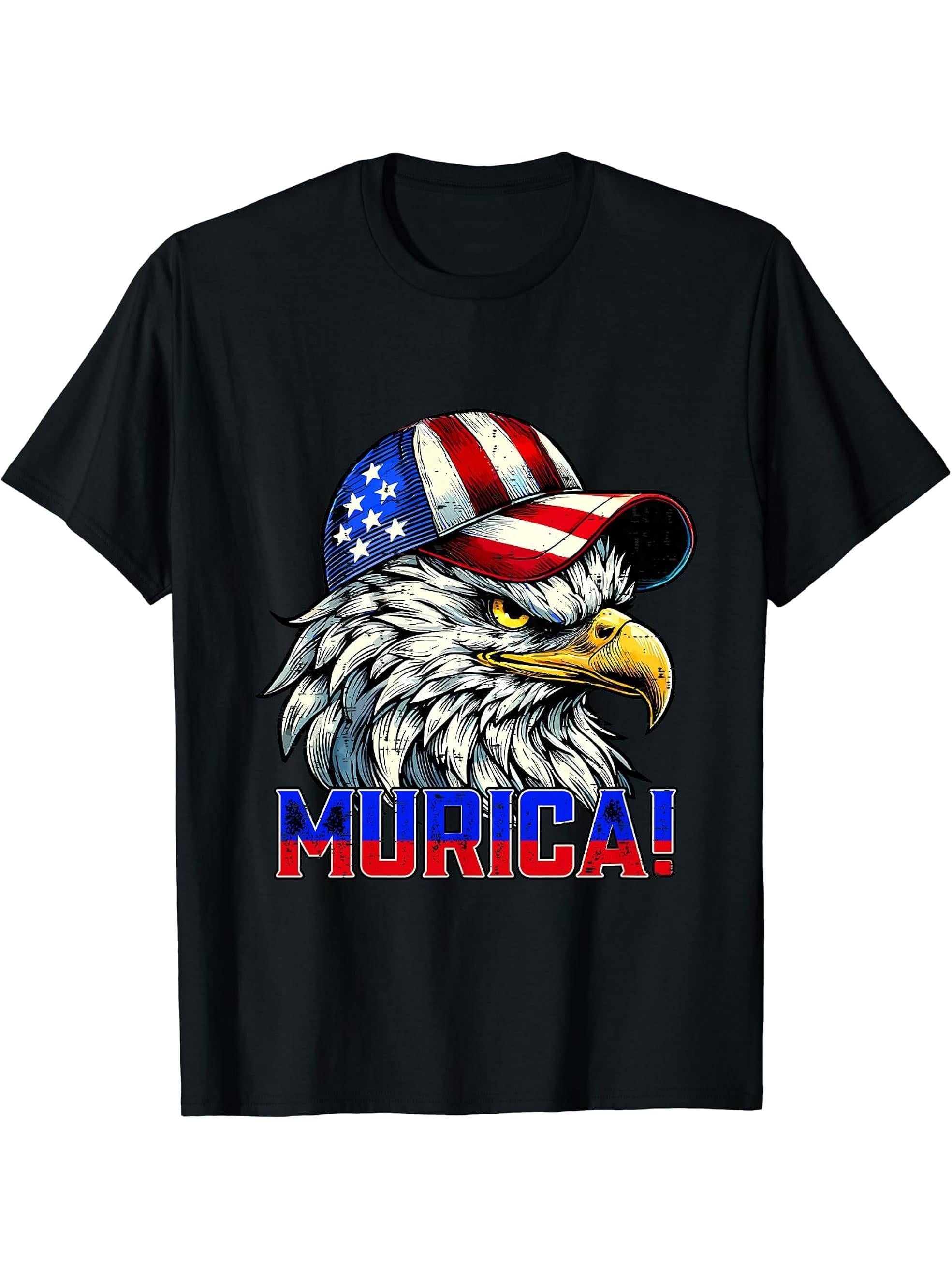Bald Eagle Murica US Cap American Flag Patriotic 4th Of July T-Shirt 180G 100% Cotton Printed Round Neck Short-Sleeve T-Shirt, Gifts for Men Dad Husband Grandpa, S-XXXL, Black