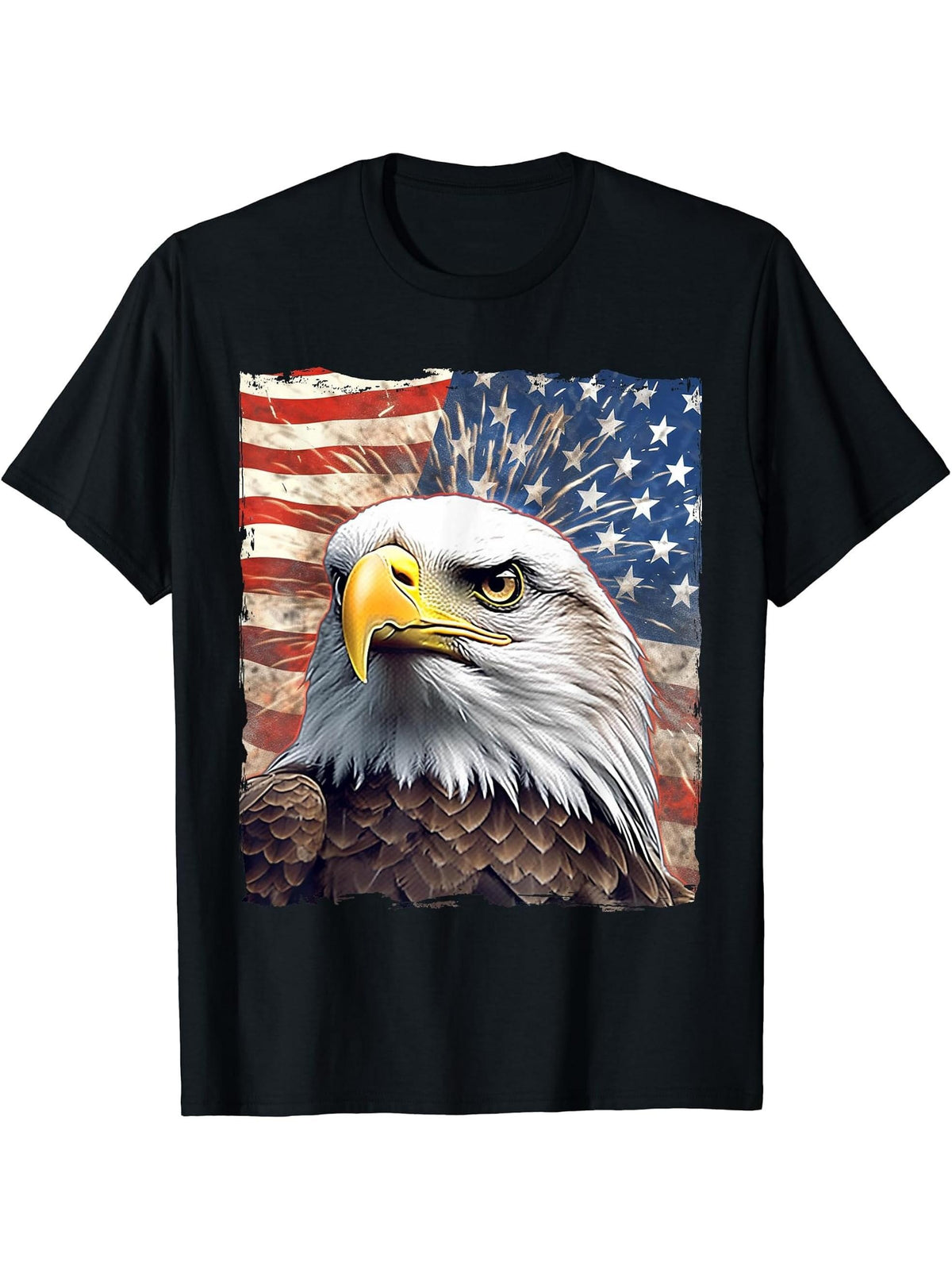 Bald Eagle Proud Patriotic American US Flag 4th Of July T-Shirt 180G 100% Cotton Printed Round Neck Short-Sleeve T-Shirt, Gifts for Men Dad Husband Grandpa, S-XXXL, Black