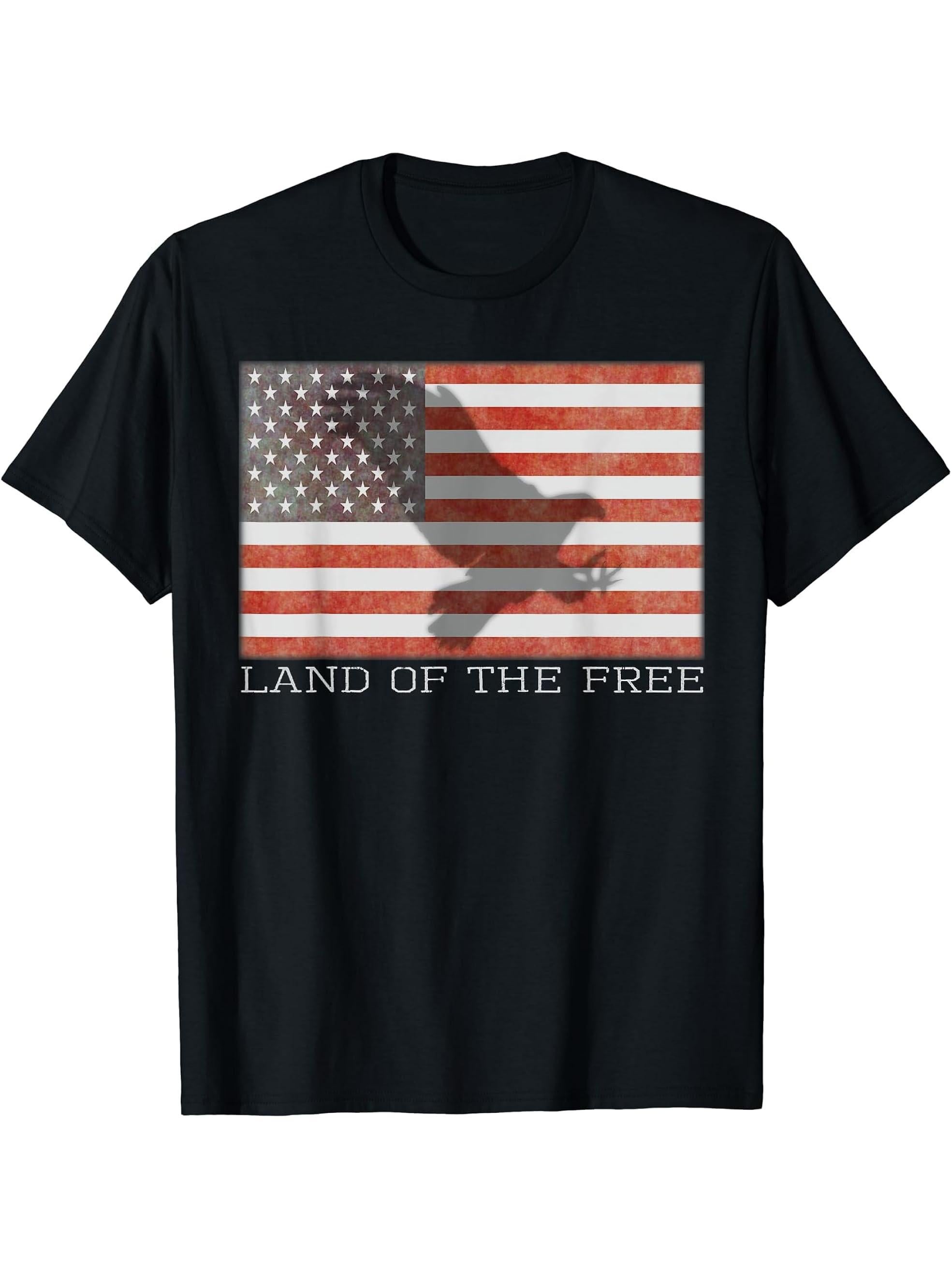 American Flag Patriotic Bald Eagle Land of the Free USA T-Shirt 180G 100% Cotton Printed Round Neck Short-Sleeve T-Shirt, Gifts for Men Dad Husband Grandpa, S-XXXL, Black