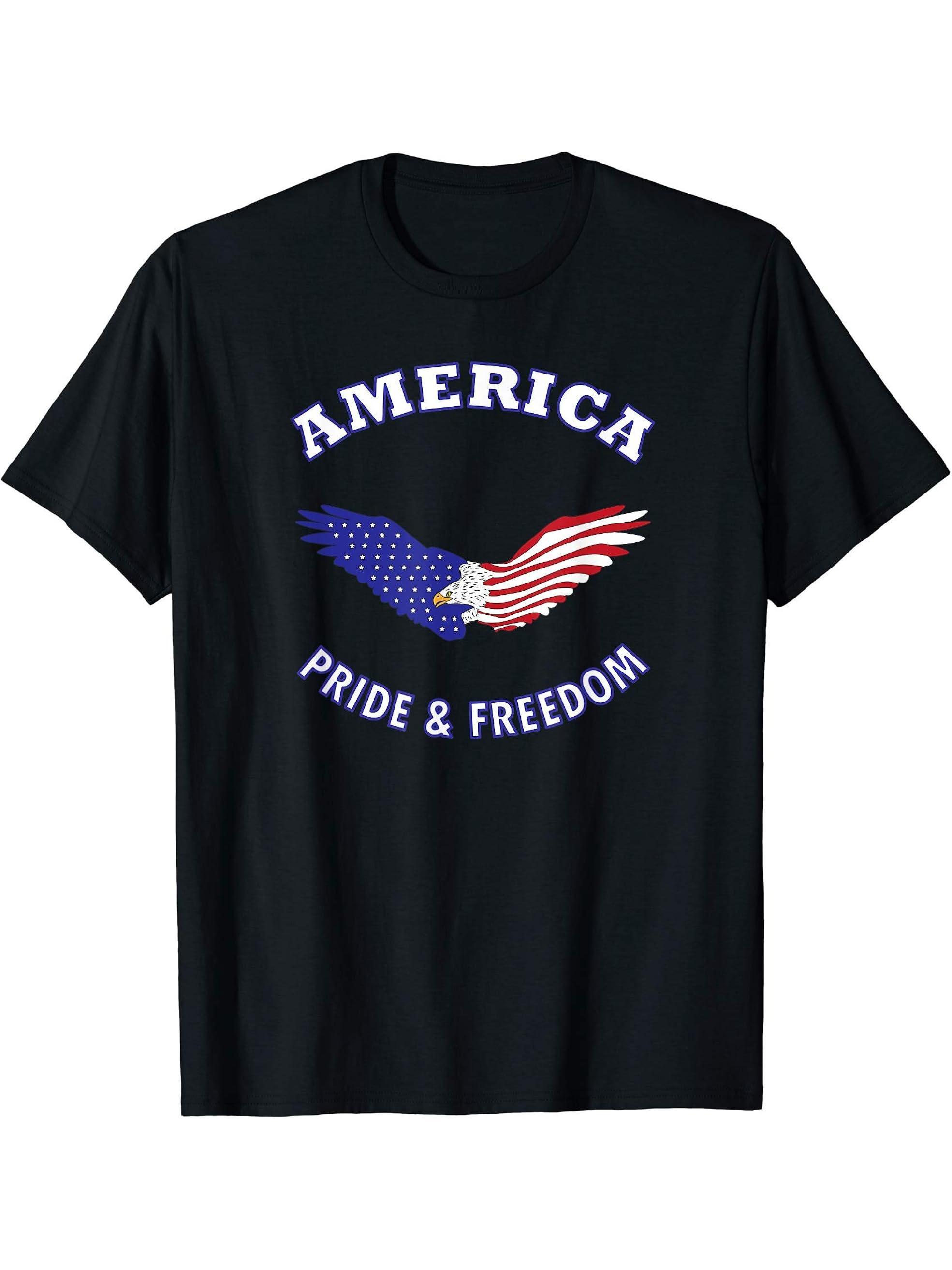 America Bald Eagle Flag USA - Pride & Freedom Patriot T-Shirt 180G 100% Cotton Printed Round Neck Short-Sleeve T-Shirt, Gifts for Men Dad Husband Grandpa, S-XXXL, Black