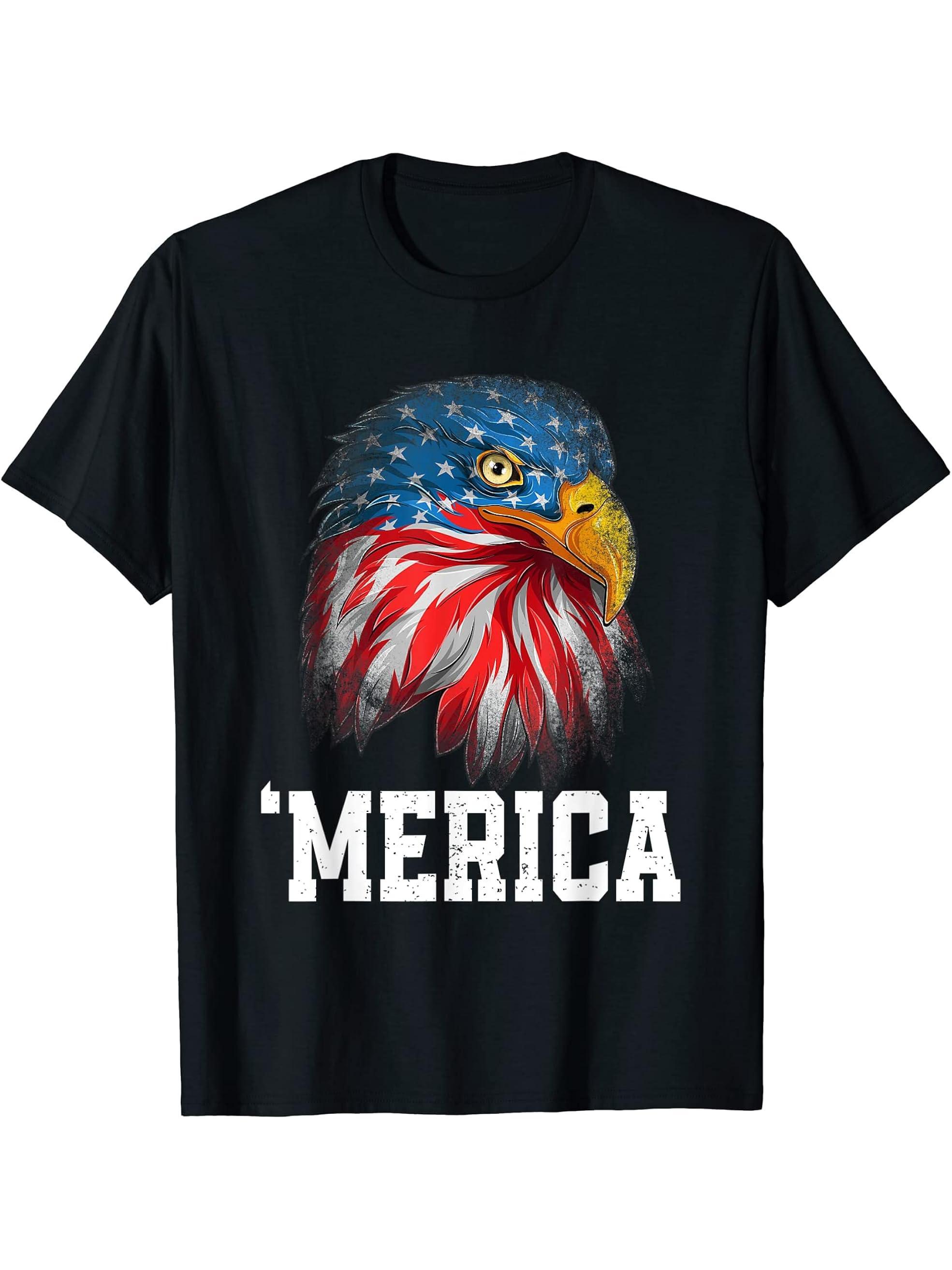 American Flag 4th Of July 'Merica Bald Eagle USA Men Women T-Shirt 180G 100% Cotton Printed Round Neck Short-Sleeve T-Shirt, Gifts for Men Dad Husband Grandpa, S-XXXL, Black