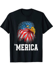 American Flag 4th Of July 'Merica Bald Eagle USA Men Women T-Shirt 180G 100% Cotton Printed Round Neck Short-Sleeve T-Shirt, Gifts for Men Dad Husband Grandpa, S-XXXL, Black