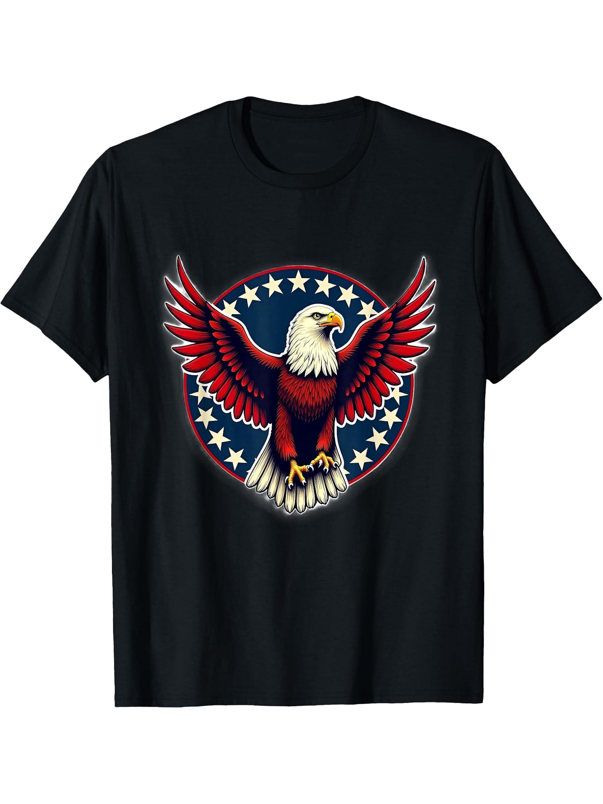 Cool Bald Eagle American Patriotic Man Funny Tee T-Shirt 180G 100% Cotton Printed Round Neck Short-Sleeve T-Shirt, Gifts for Men Dad Husband Grandpa, S-XXXL, Black