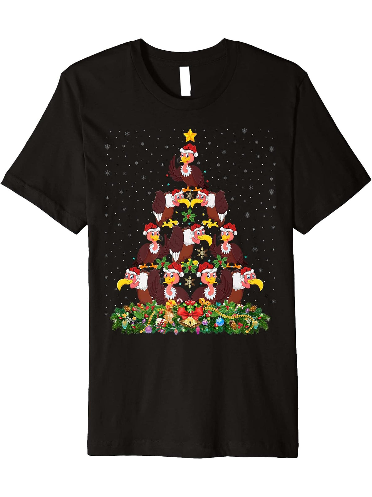 Funny Bald Eagle Bird Lover Santa Bald Eagle Christmas Tree Premium T-Shirt 180G 100% Cotton Printed Round Neck Short-Sleeve T-Shirt, Gifts for Men Dad Husband Grandpa, S-XXXL, Black