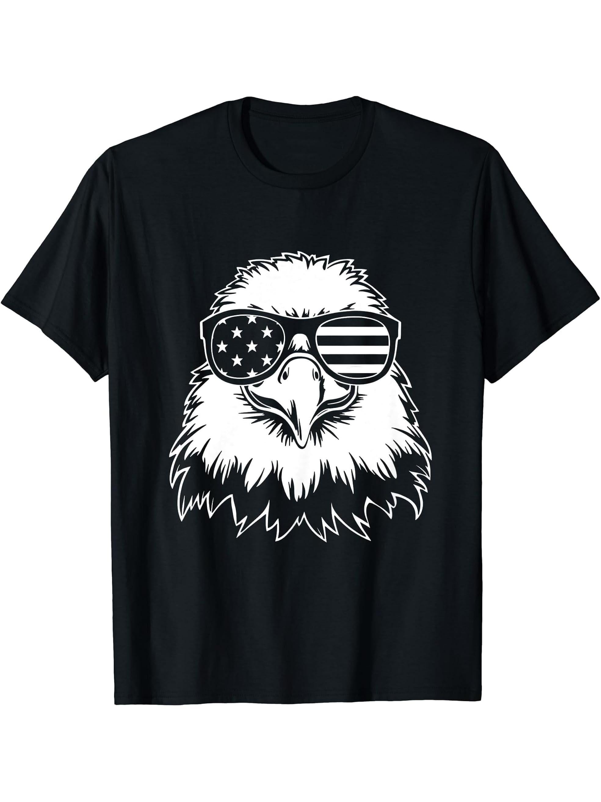 bald eagle american flag shirt 4th Of July T-Shirt 180G 100% Cotton Printed Round Neck Short-Sleeve T-Shirt, Gifts for Men Dad Husband Grandpa, S-XXXL, Black