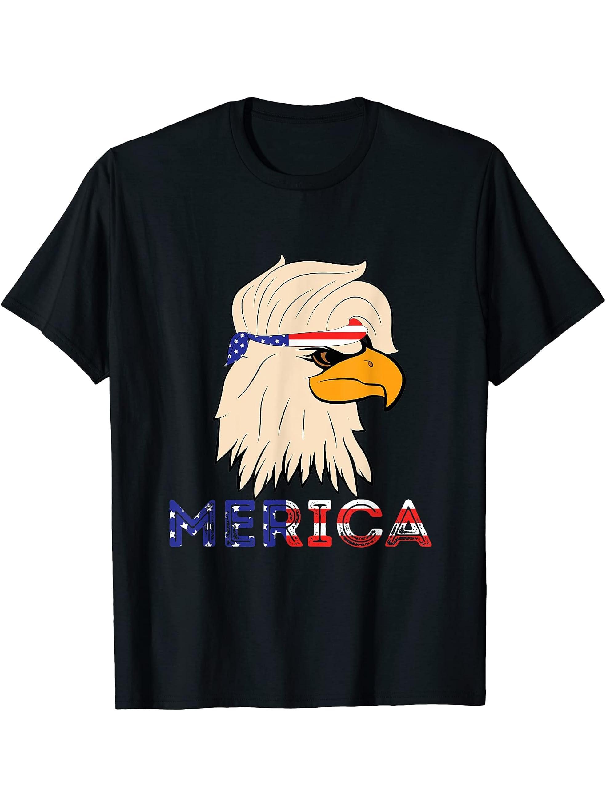Patriotic Merica Bald Eagle Mullet - of Freedom 4th of July T-Shirt 180G 100% Cotton Printed Round Neck Short-Sleeve T-Shirt, Gifts for Men Dad Husband Grandpa, S-XXXL, Black