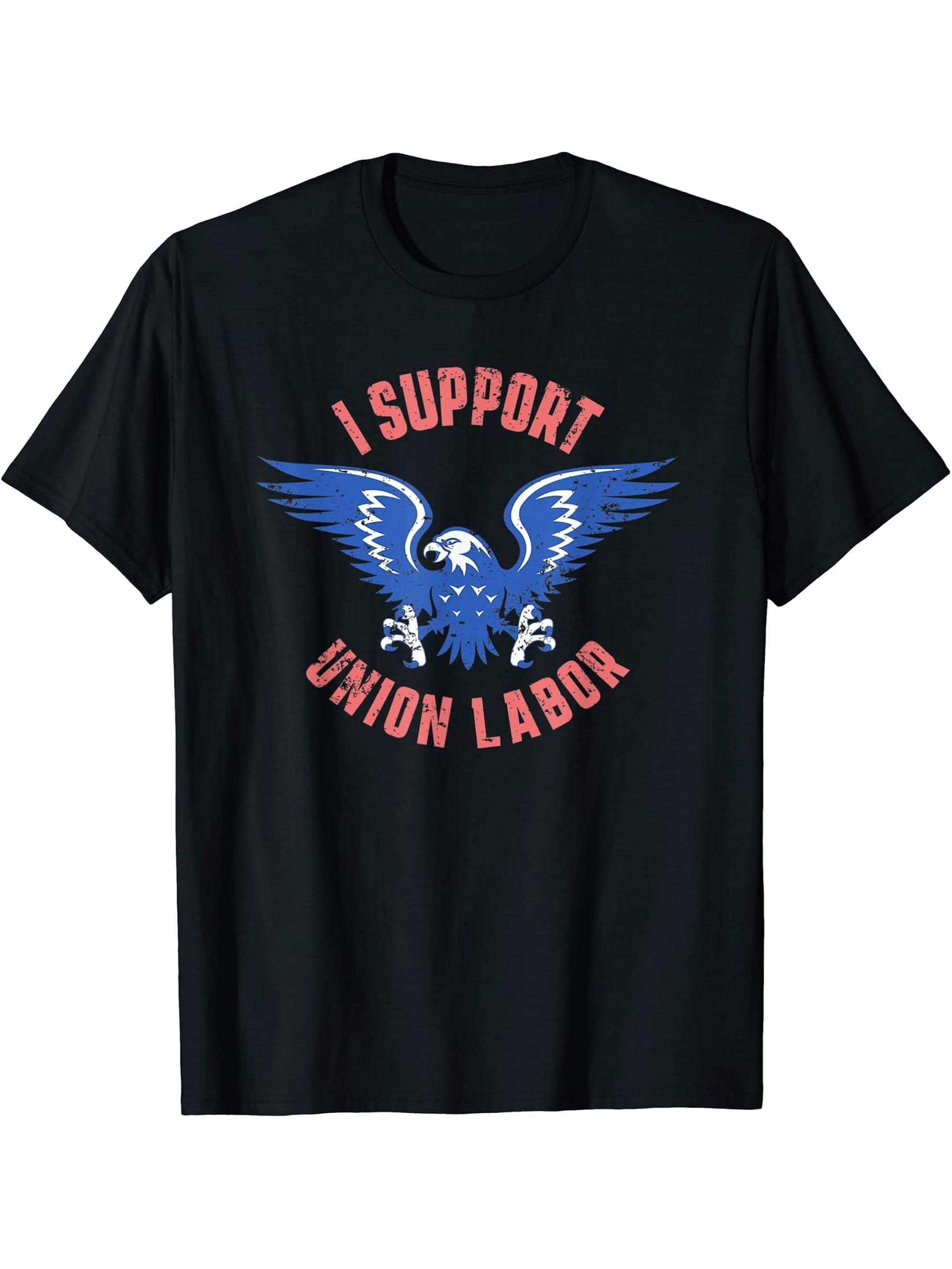 I Support Union Labor on Distressed Look with Bald Eagle T-Shirt 180G 100% Cotton Printed Round Neck Short-Sleeve T-Shirt, Gifts for Men Dad Husband Grandpa, S-XXXL, Black