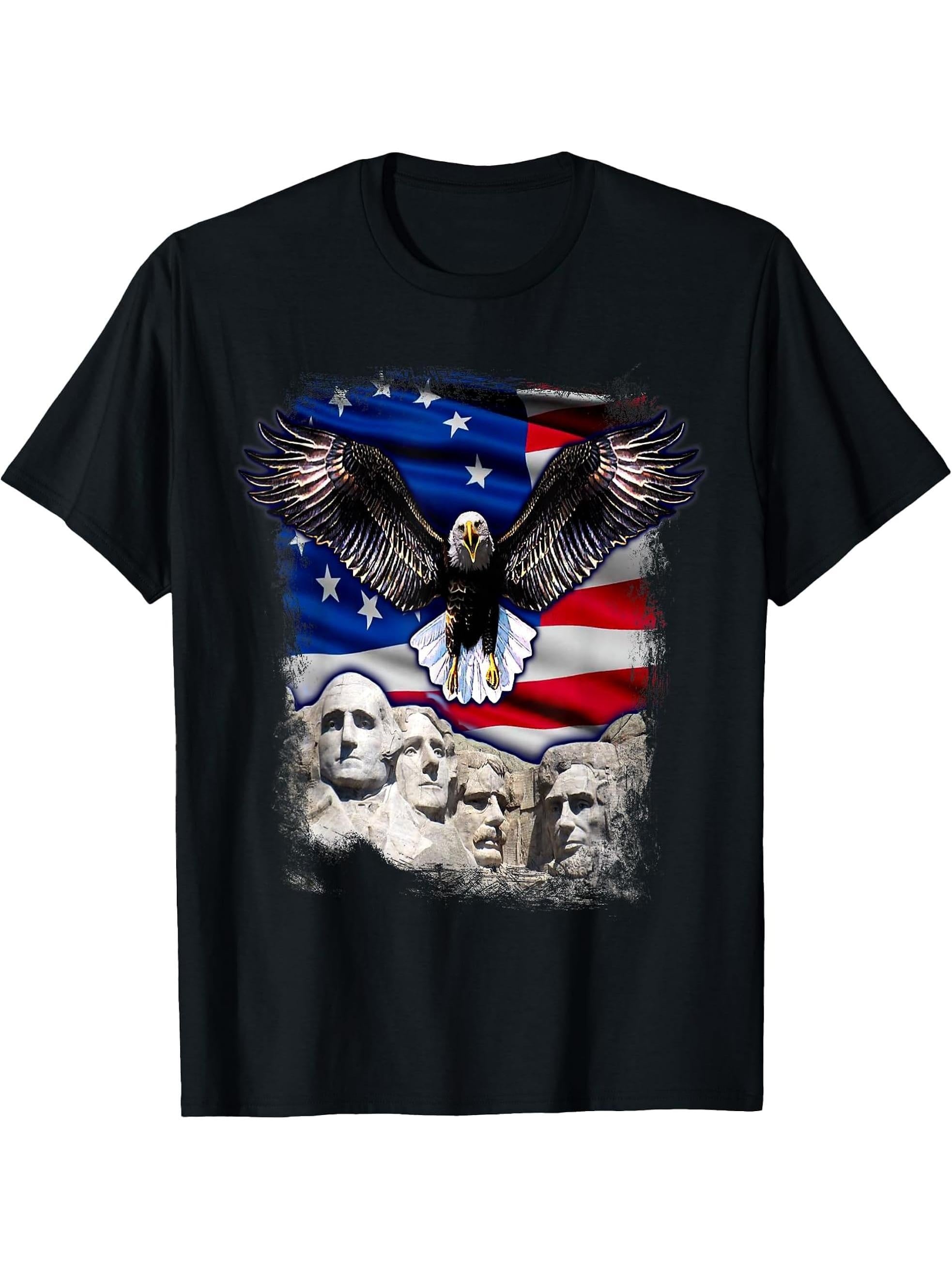 Betsy Ross Flag American Bald Eagle Mount Rushmore Men Women T-Shirt 180G 100% Cotton Printed Round Neck Short-Sleeve T-Shirt, Gifts for Men Dad Husband Grandpa, S-XXXL, Black