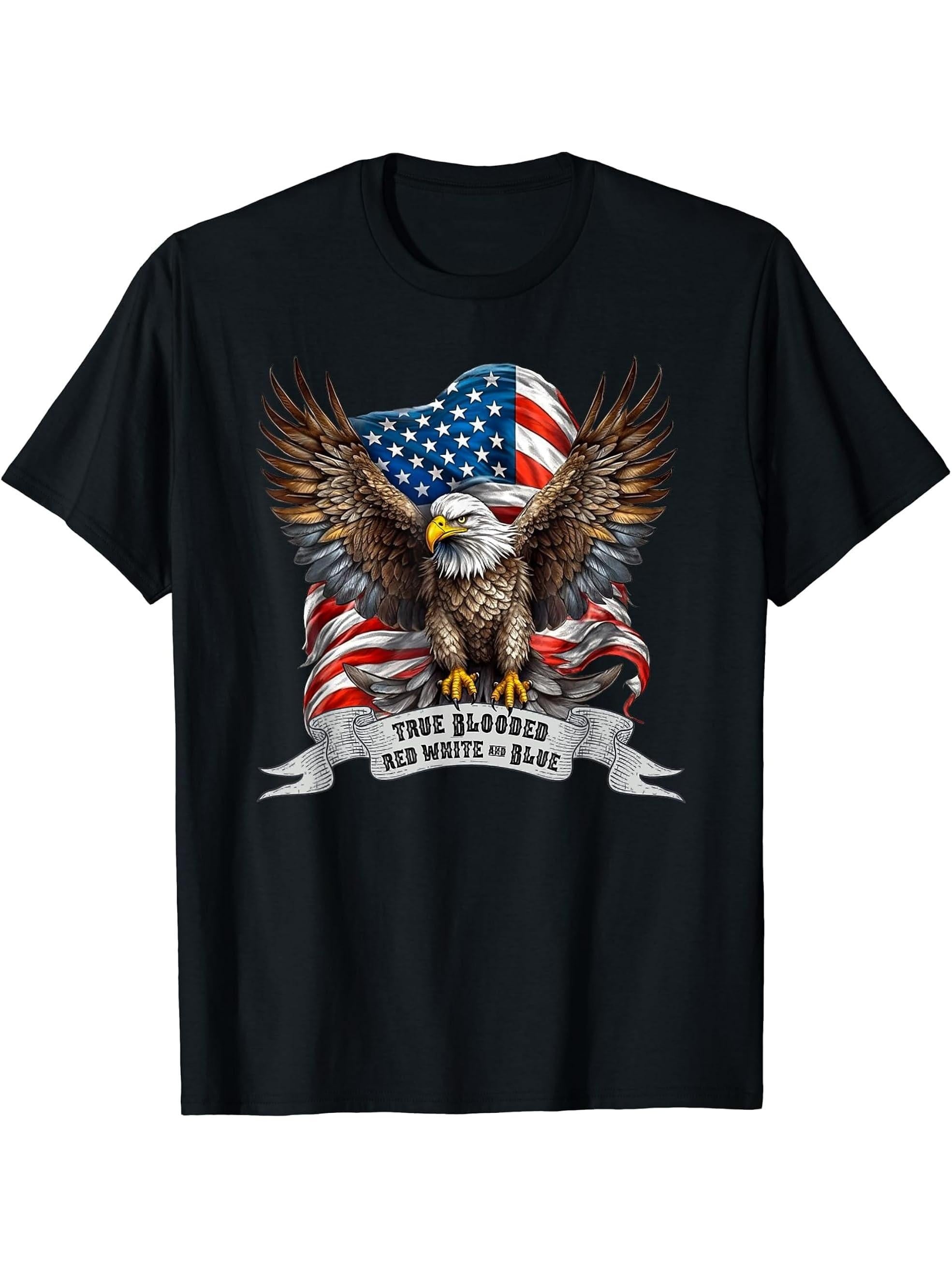 American Flag Bald Eagle T-Shirt 180G 100% Cotton Printed Round Neck Short-Sleeve T-Shirt, Gifts for Men Dad Husband Grandpa, S-XXXL, Black