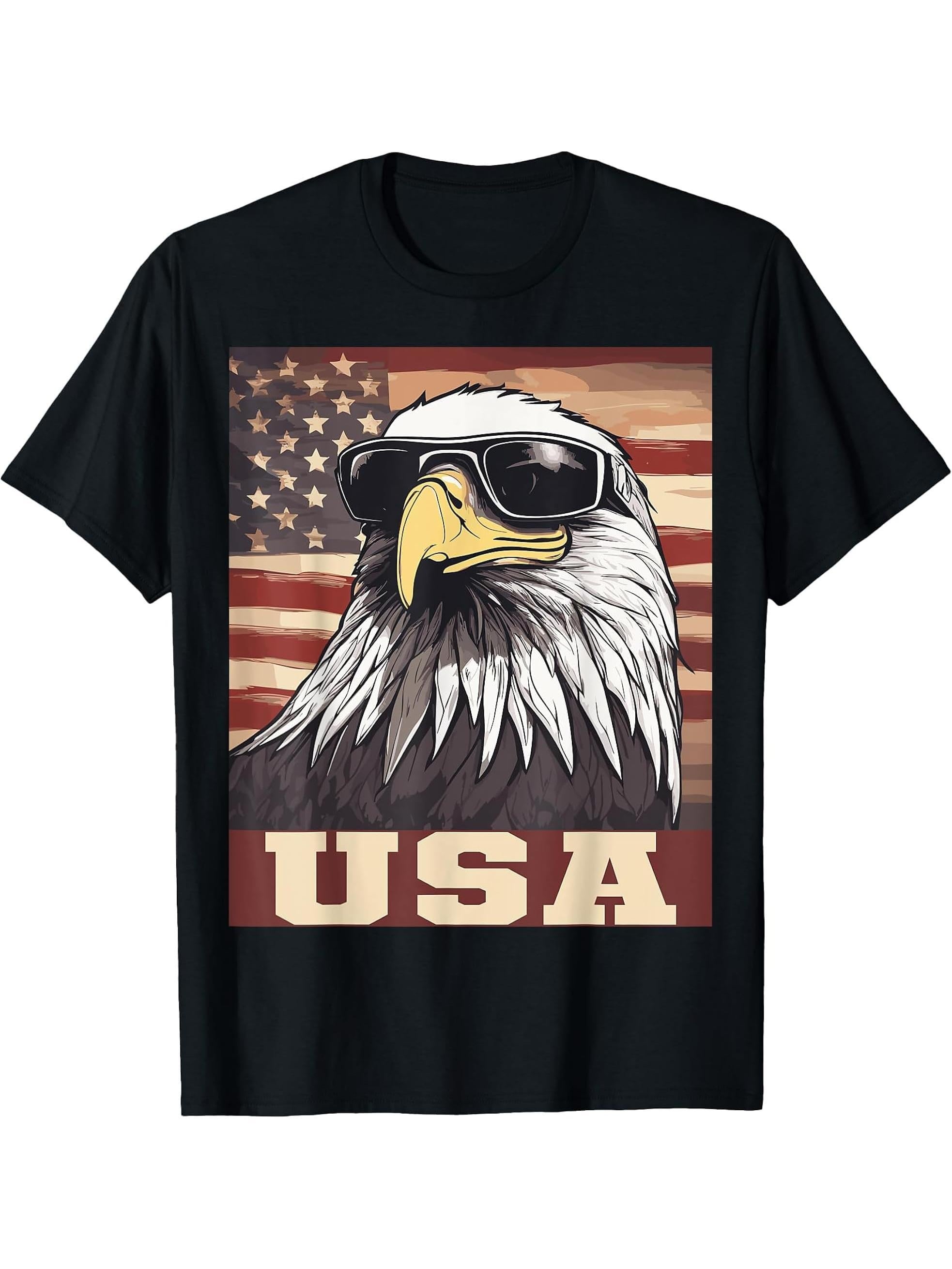 American Patriotic Flag of the Bald Eagle T-Shirt 180G 100% Cotton Printed Round Neck Short-Sleeve T-Shirt, Gifts for Men Dad Husband Grandpa, S-XXXL, Black