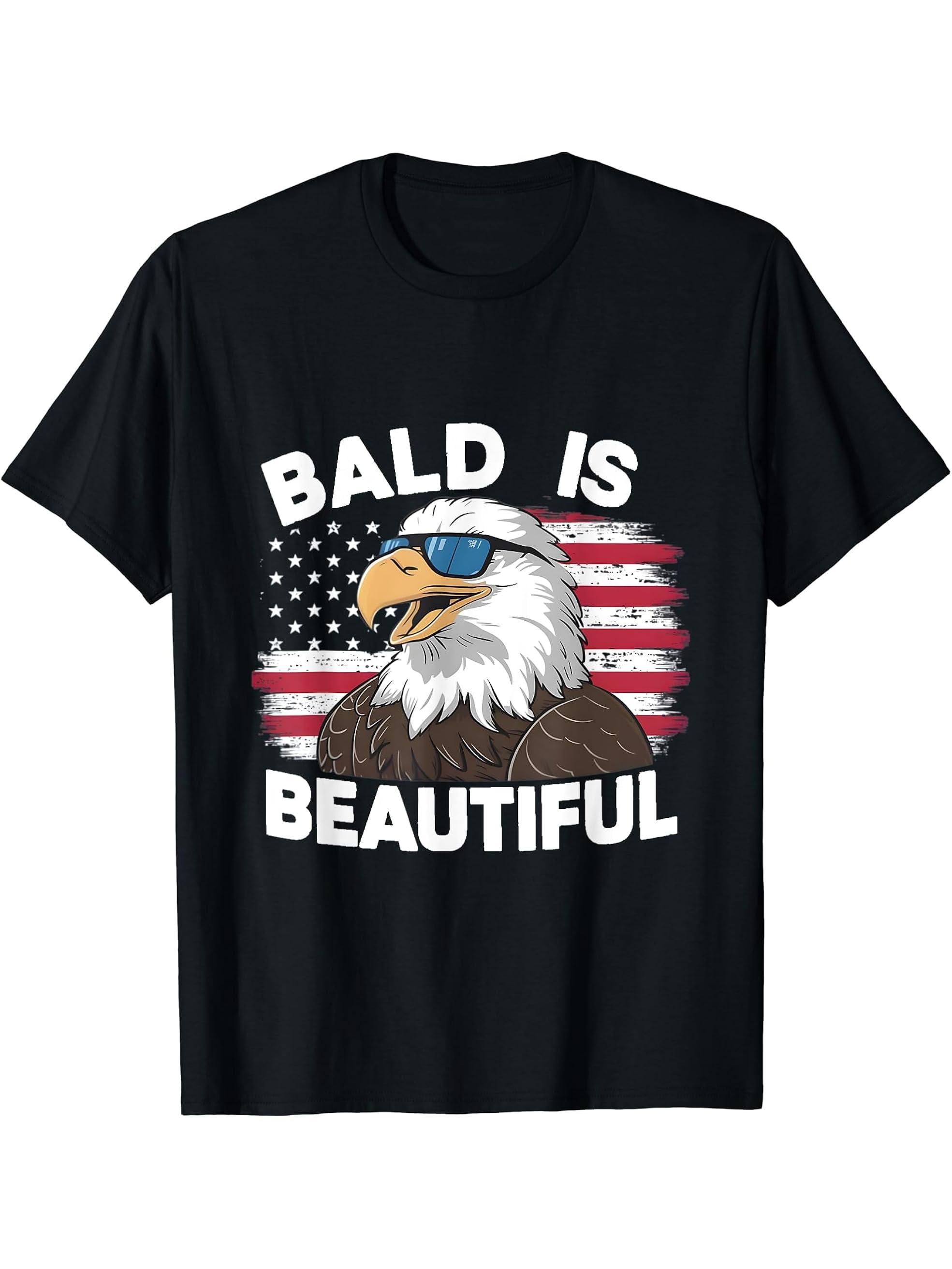 Bald Is Beautiful Happy Independence Day Eagle Sun Glasses T-Shirt 180G 100% Cotton Printed Round Neck Short-Sleeve T-Shirt, Gifts for Men Dad Husband Grandpa, S-XXXL, Black