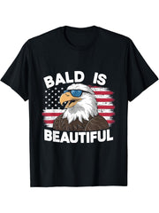 Bald Is Beautiful Happy Independence Day Eagle Sun Glasses T-Shirt 180G 100% Cotton Printed Round Neck Short-Sleeve T-Shirt, Gifts for Men Dad Husband Grandpa, S-XXXL, Black