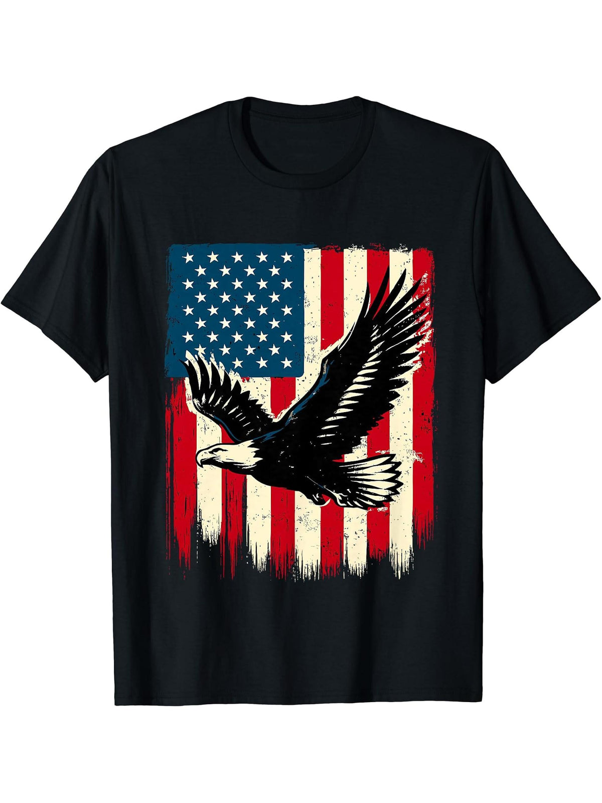 American Bald Eagle 4th of July USA Flag T-Shirt 180G 100% Cotton Printed Round Neck Short-Sleeve T-Shirt, Gifts for Men Dad Husband Grandpa, S-XXXL, Black