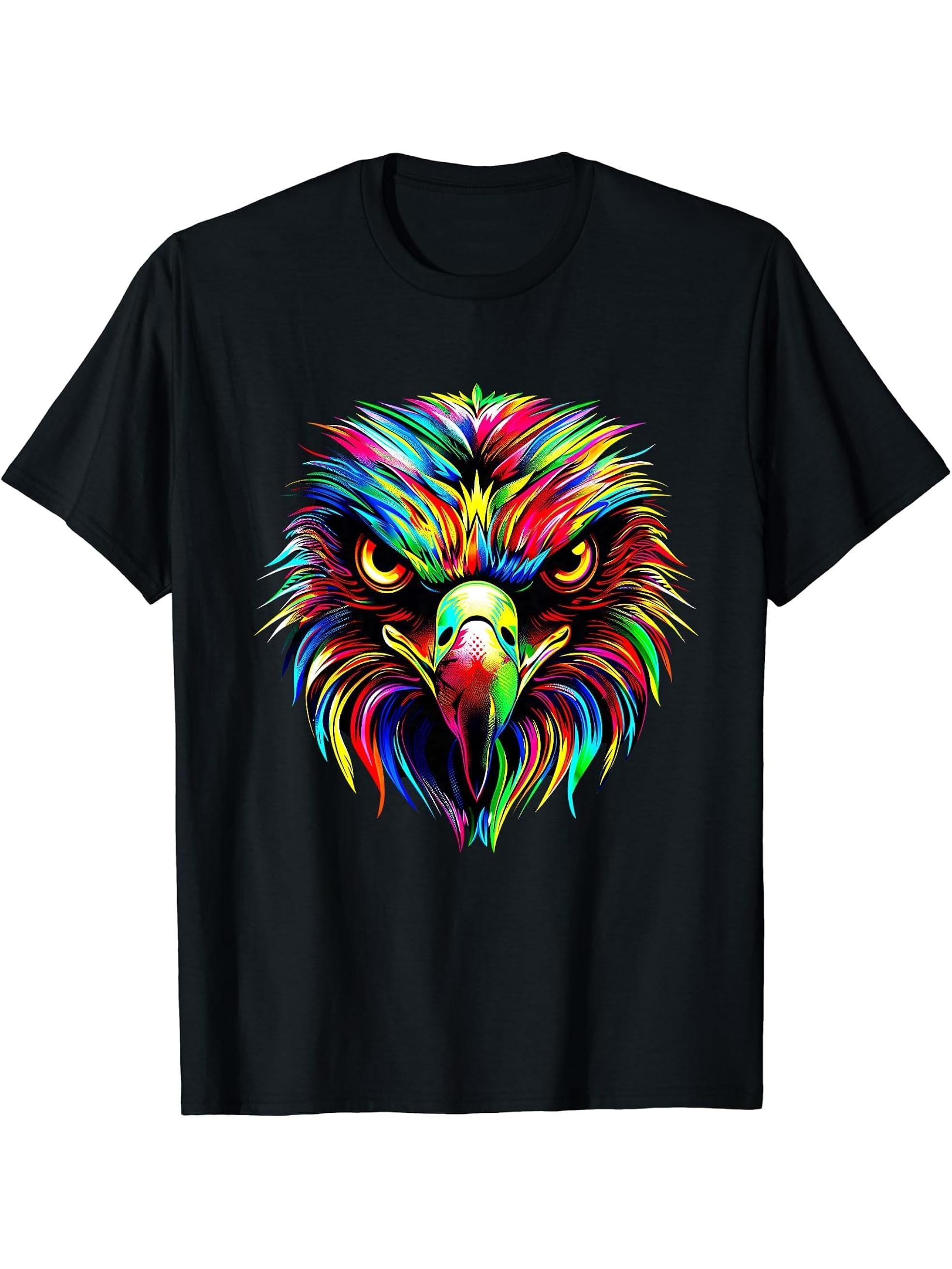 Eagle Pop Art Rainbow Colors Falconer Hunter Bald Eagle T-Shirt 180G 100% Cotton Printed Round Neck Short-Sleeve T-Shirt, Gifts for Men Dad Husband Grandpa, S-XXXL, Black