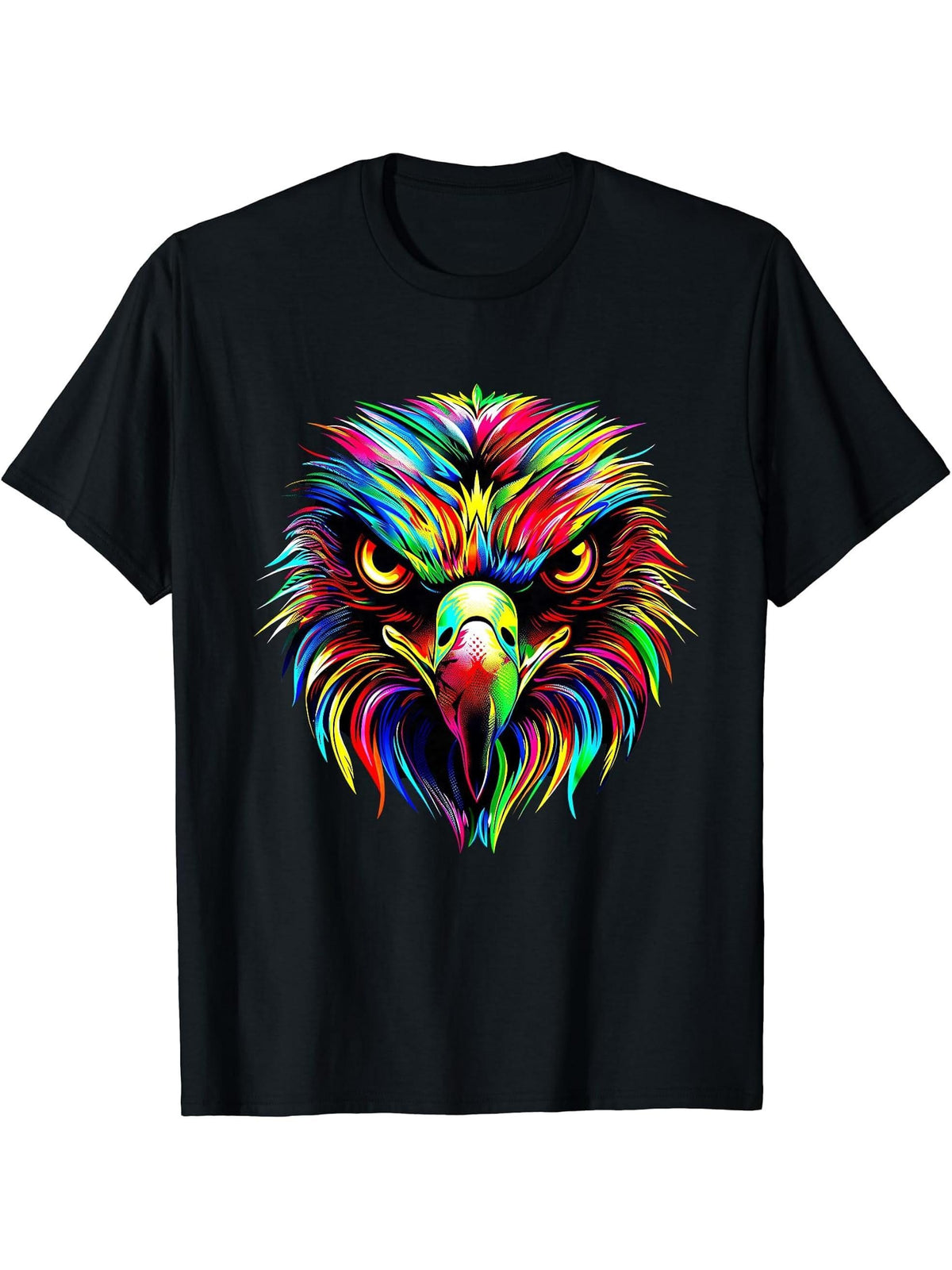 Eagle Pop Art Rainbow Colors Falconer Hunter Bald Eagle T-Shirt 180G 100% Cotton Printed Round Neck Short-Sleeve T-Shirt, Gifts for Men Dad Husband Grandpa, S-XXXL, Black