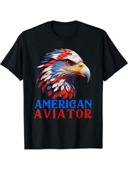 American Aviator, Patriotic American Bald Eagle T-Shirt 180G 100% Cotton Printed Round Neck Short-Sleeve T-Shirt, Gifts for Men Dad Husband Grandpa, S-XXXL, Black