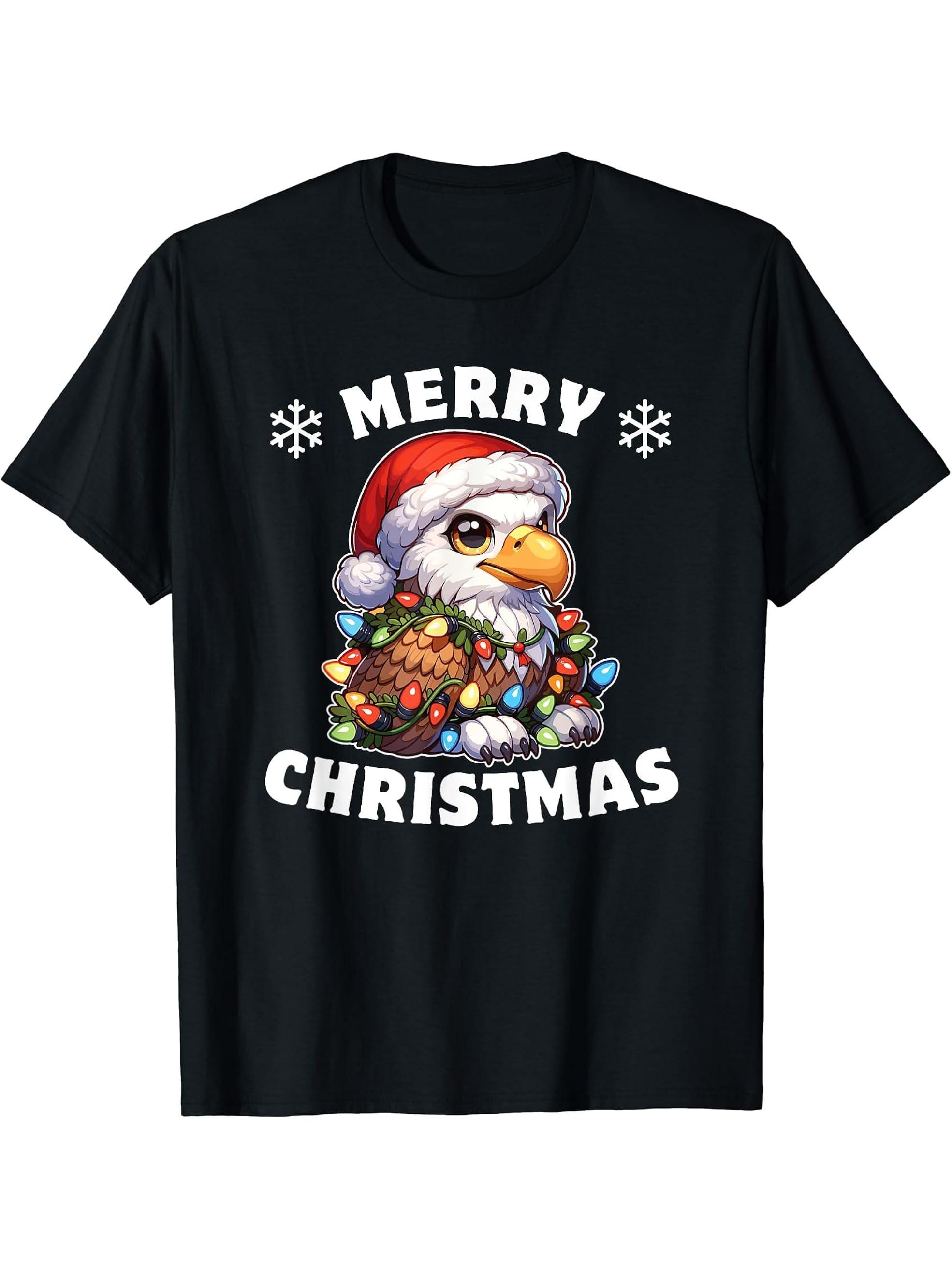 Christmas Light Chain Bald Eagle T-Shirt 180G 100% Cotton Printed Round Neck Short-Sleeve T-Shirt, Gifts for Men Dad Husband Grandpa, S-XXXL, Black