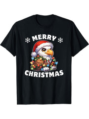 Christmas Light Chain Bald Eagle T-Shirt 180G 100% Cotton Printed Round Neck Short-Sleeve T-Shirt, Gifts for Men Dad Husband Grandpa, S-XXXL, Black