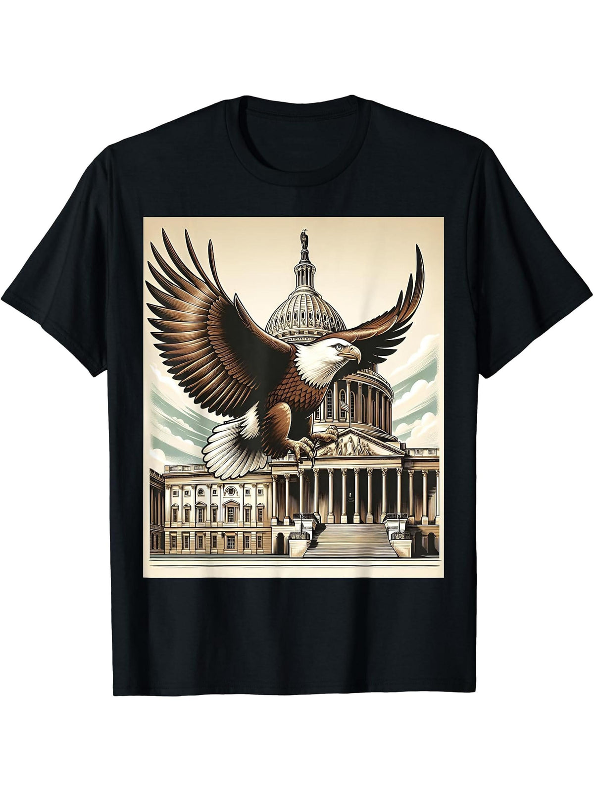 Bald Eagle United States Capitol T-Shirt 180G 100% Cotton Printed Round Neck Short-Sleeve T-Shirt, Gifts for Men Dad Husband Grandpa, S-XXXL, Black