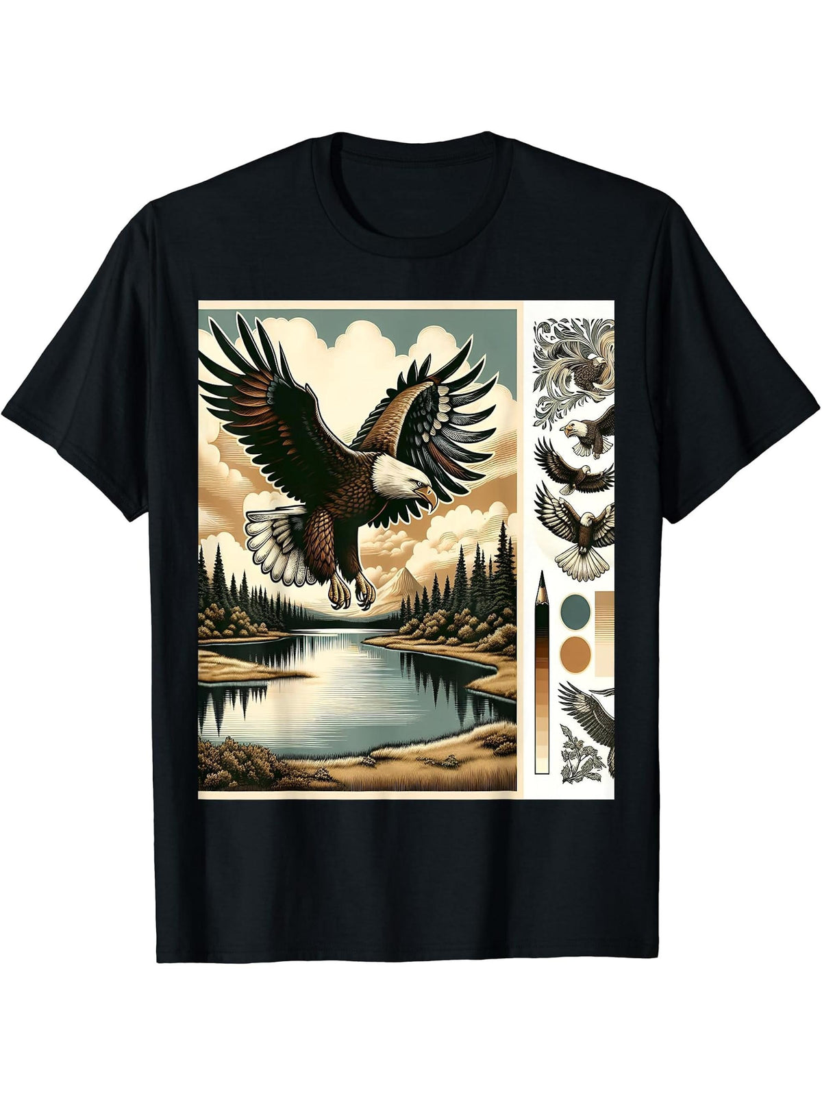 Bald Eagle Over Serene Lake T-Shirt 180G 100% Cotton Printed Round Neck Short-Sleeve T-Shirt, Gifts for Men Dad Husband Grandpa, S-XXXL, Black