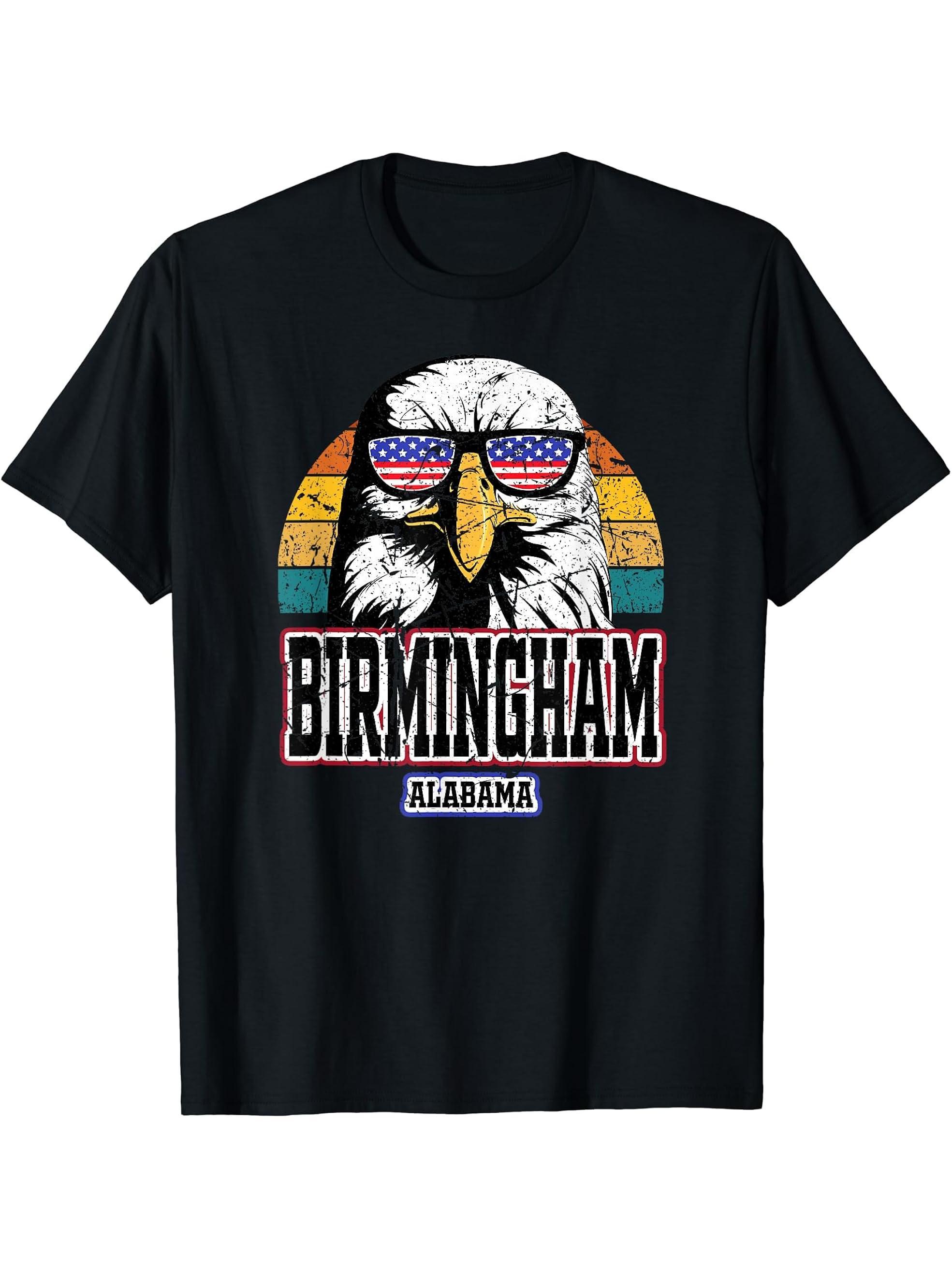 Birmingham Alabama USA American Flag Men Women Bald Eagle T-Shirt 180G 100% Cotton Printed Round Neck Short-Sleeve T-Shirt, Gifts for Men Dad Husband Grandpa, S-XXXL, Black