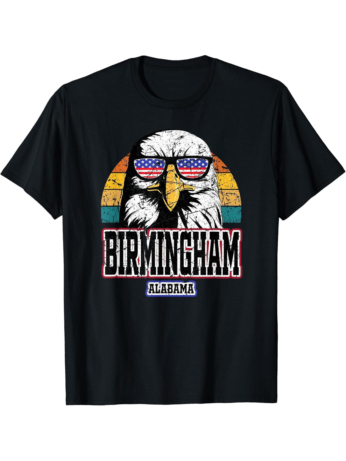 Birmingham Alabama USA American Flag Men Women Bald Eagle T-Shirt 180G 100% Cotton Printed Round Neck Short-Sleeve T-Shirt, Gifts for Men Dad Husband Grandpa, S-XXXL, Black