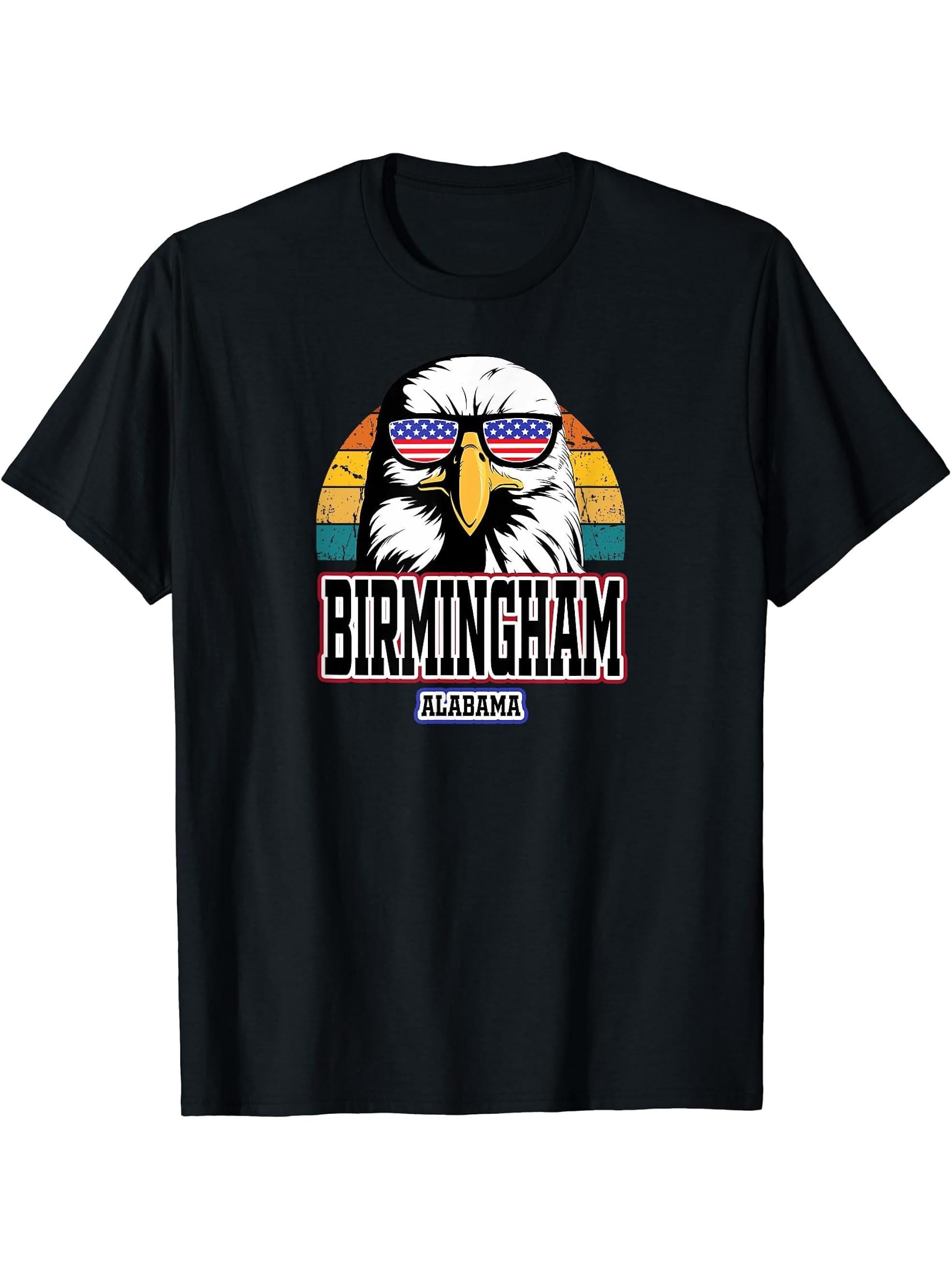 Birmingham Alabama USA America Men Women Boy Girl Bald Eagle T-Shirt 180G 100% Cotton Printed Round Neck Short-Sleeve T-Shirt, Gifts for Men Dad Husband Grandpa, S-XXXL, Black