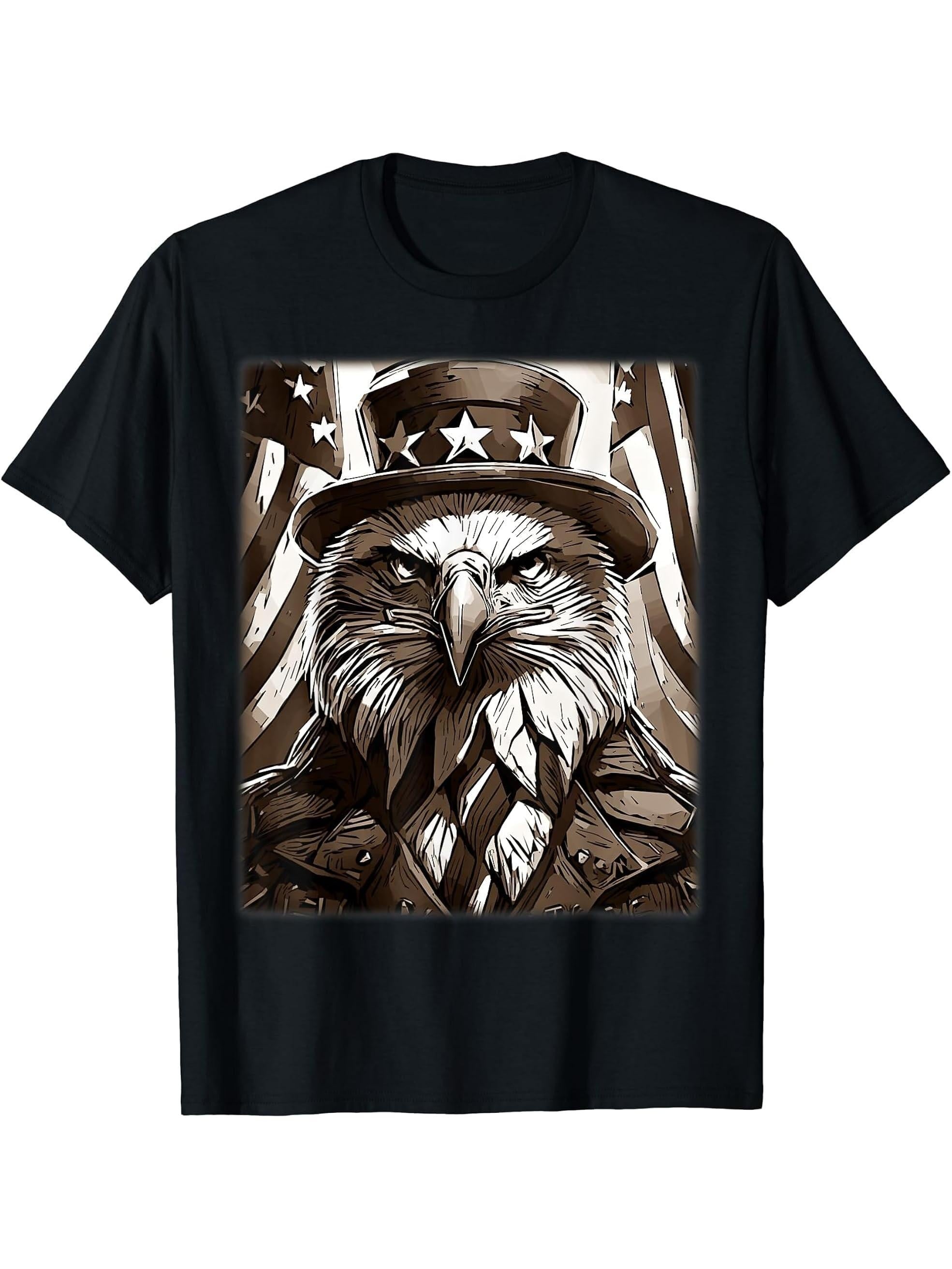 American Meme Bald Eagle Patriotic Bird Flag Lincoln Hat T-Shirt 180G 100% Cotton Printed Round Neck Short-Sleeve T-Shirt, Gifts for Men Dad Husband Grandpa, S-XXXL, Black