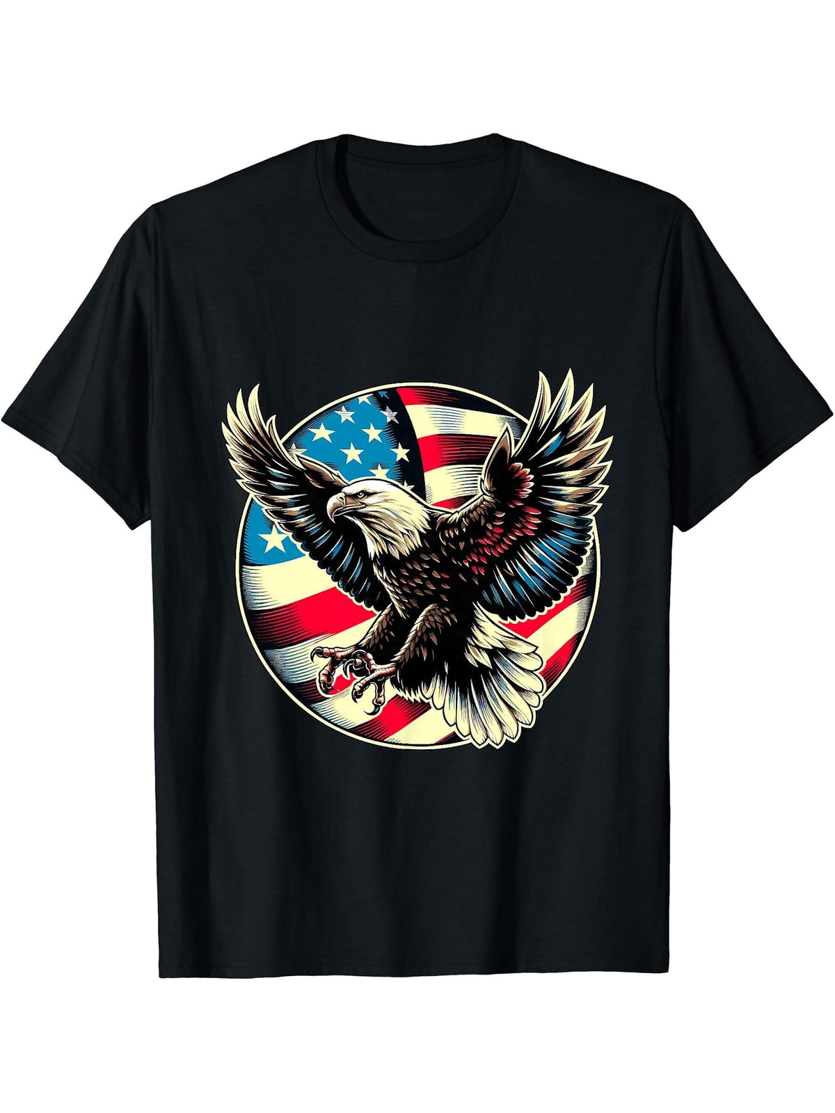American Bald Eagle USA Flag 4th of July T-Shirt 180G 100% Cotton Printed Round Neck Short-Sleeve T-Shirt, Gifts for Men Dad Husband Grandpa, S-XXXL, Black