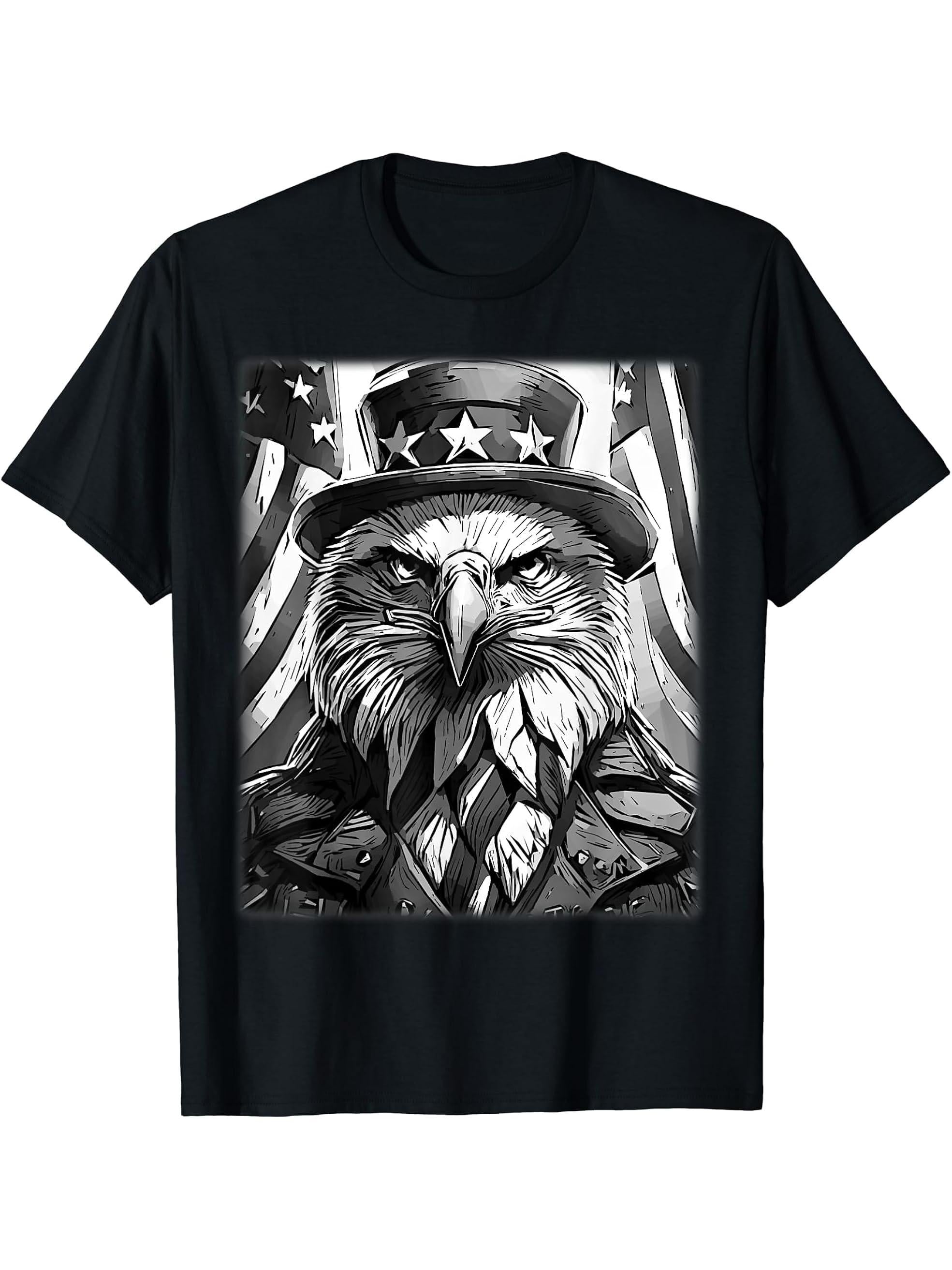 American Meme Bald Eagle Patriotic Bird Flag Lincoln Hat T-Shirt 180G 100% Cotton Printed Round Neck Short-Sleeve T-Shirt, Gifts for Men Dad Husband Grandpa, S-XXXL, Black