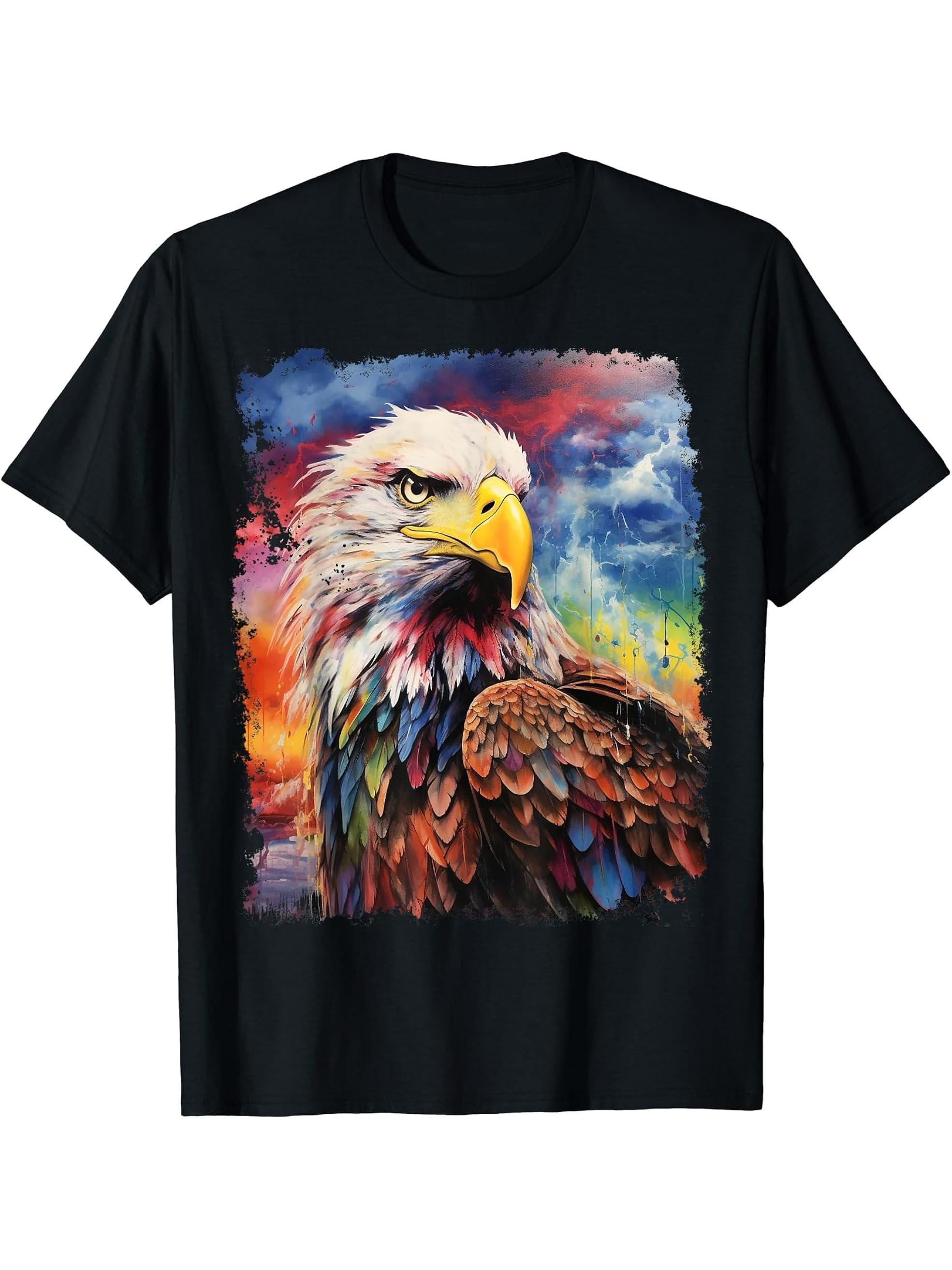 Pop Art Colorful Animal Bald Eagle T-Shirt 180G 100% Cotton Printed Round Neck Short-Sleeve T-Shirt, Gifts for Men Dad Husband Grandpa, S-XXXL, Black
