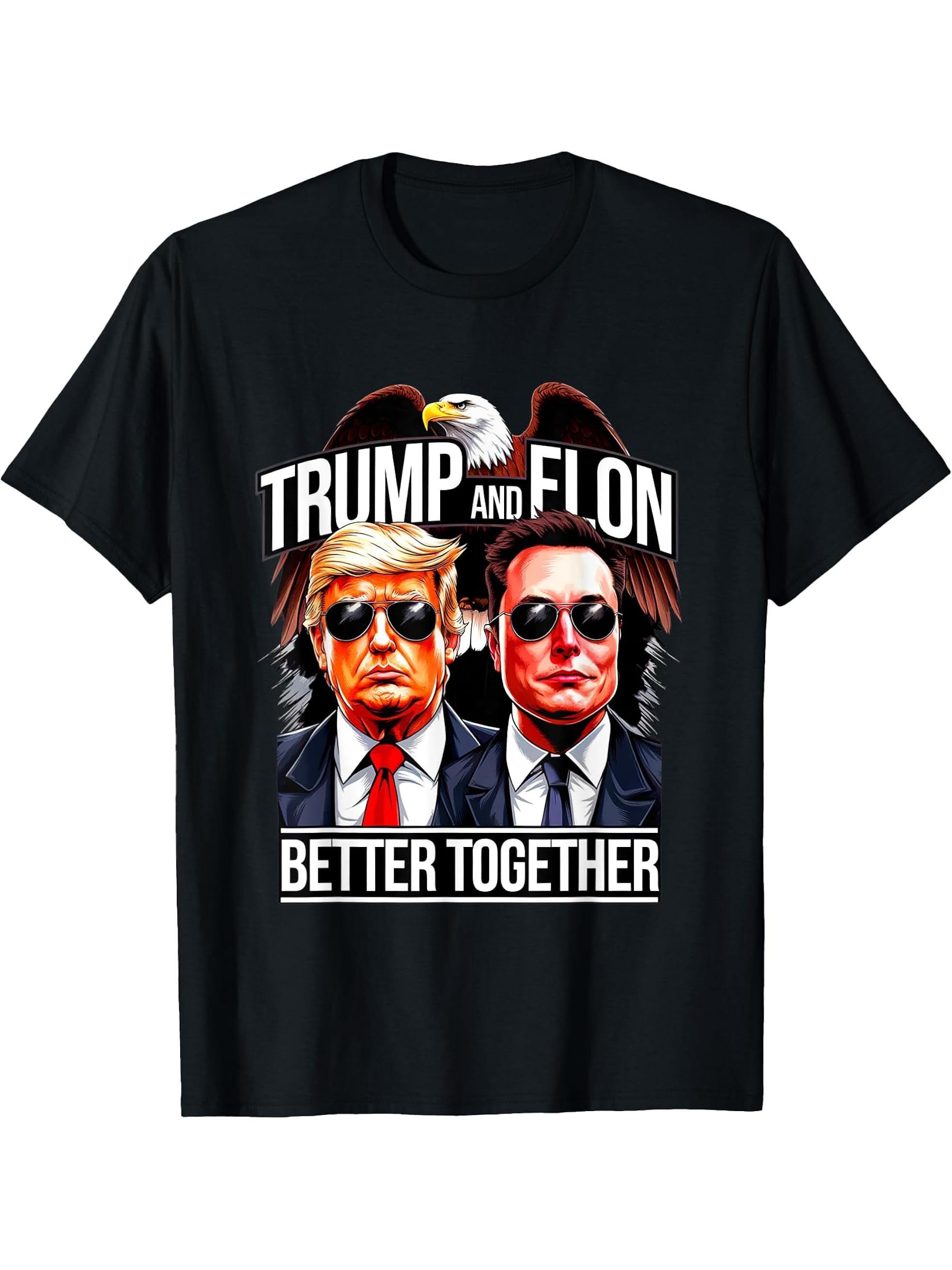 Trump And Elon 2024 President Better Together Bald Eagle Art T-Shirt 180G 100% Cotton Printed Round Neck Short-Sleeve T-Shirt, Gifts for Men Dad Husband Grandpa, S-XXXL, Black