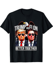 Trump And Elon 2024 President Better Together Bald Eagle Art T-Shirt 180G 100% Cotton Printed Round Neck Short-Sleeve T-Shirt, Gifts for Men Dad Husband Grandpa, S-XXXL, Black