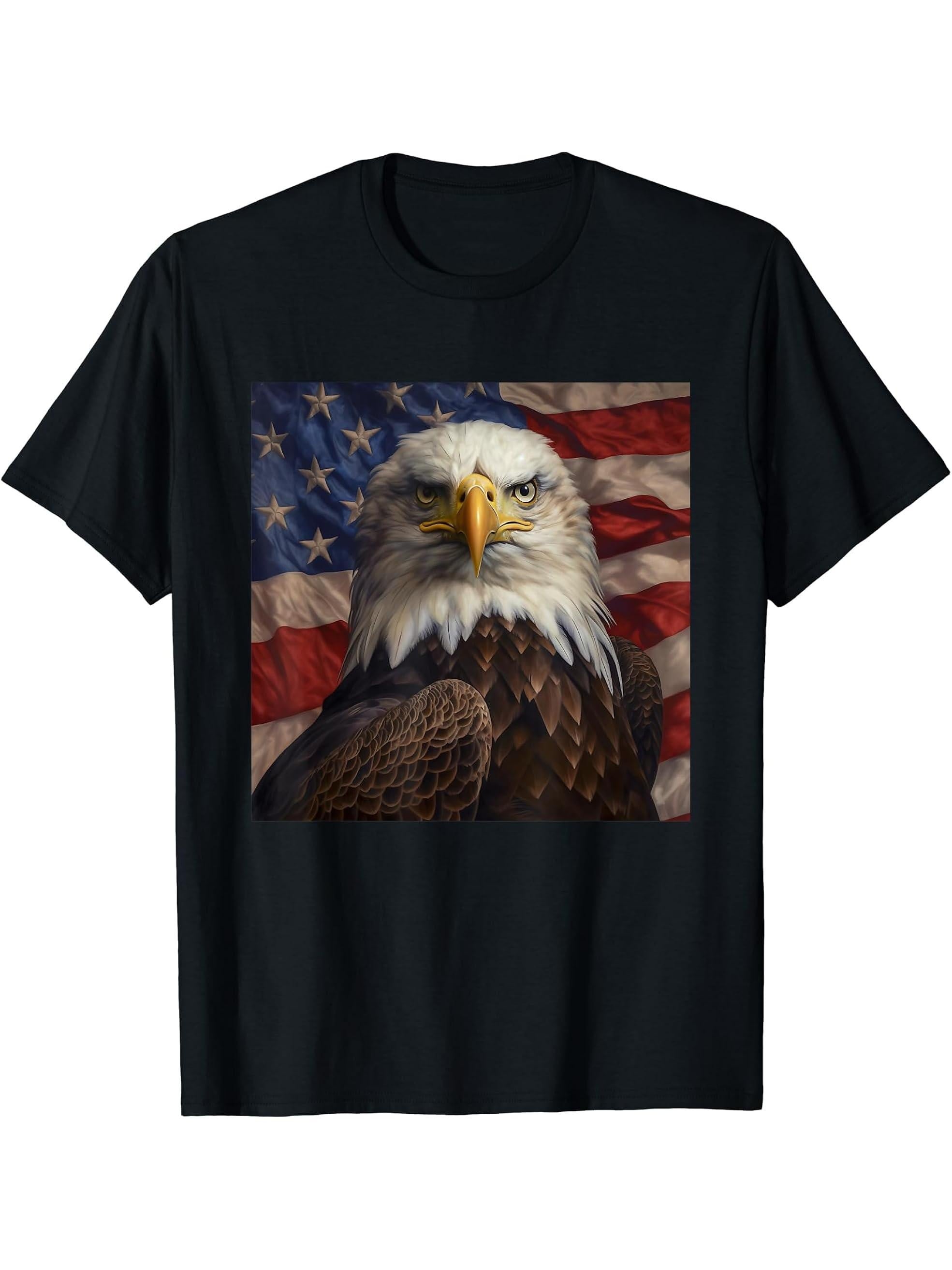 US American Flag with Bald Eagle T-Shirt 180G 100% Cotton Printed Round Neck Short-Sleeve T-Shirt, Gifts for Men Dad Husband Grandpa, S-XXXL, Black