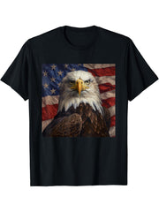 US American Flag with Bald Eagle T-Shirt 180G 100% Cotton Printed Round Neck Short-Sleeve T-Shirt, Gifts for Men Dad Husband Grandpa, S-XXXL, Black