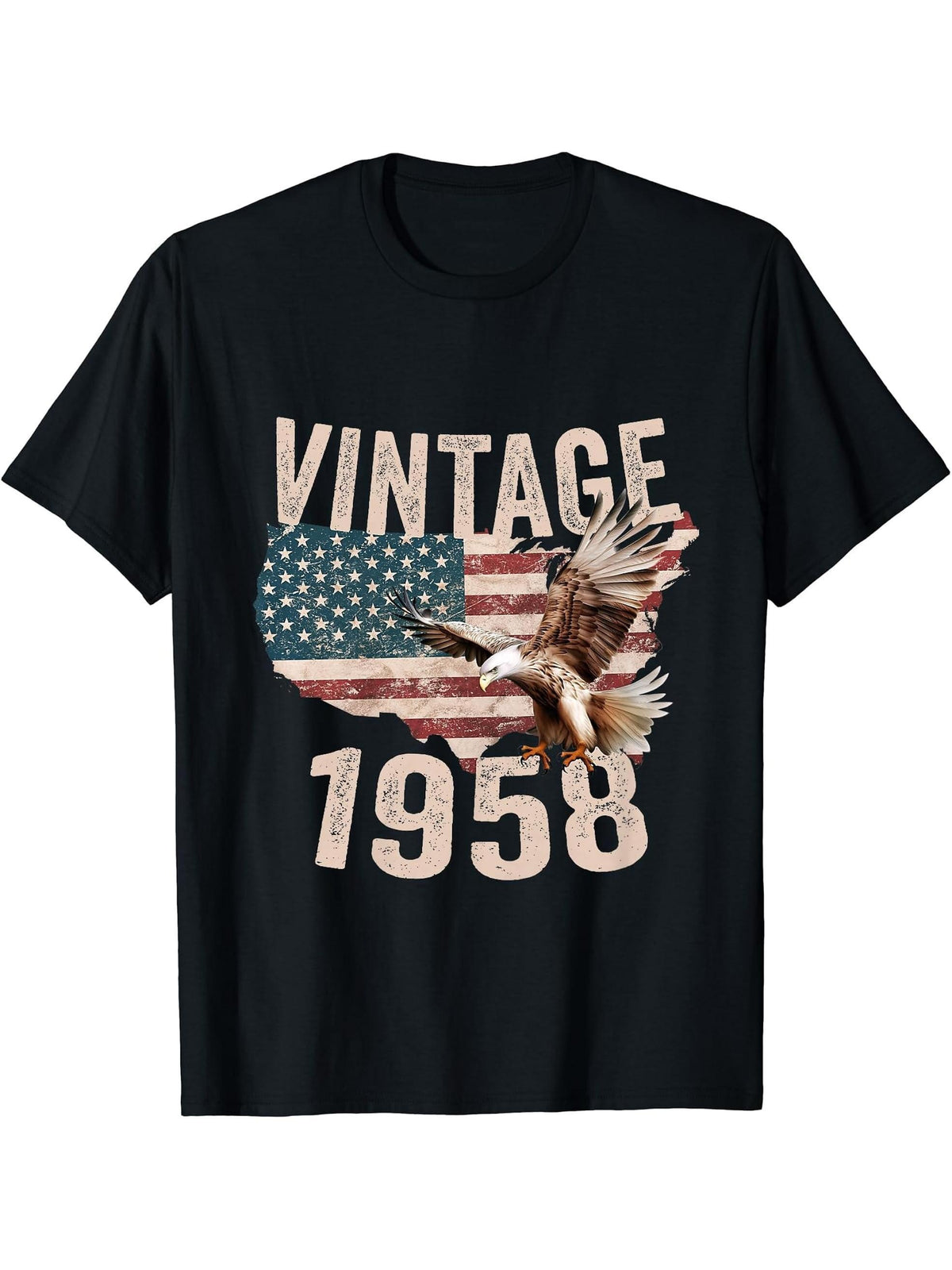 Vintage 1958 Bald Eagle American Flag Country T-Shirt 180G 100% Cotton Printed Round Neck Short-Sleeve T-Shirt, Gifts for Men Dad Husband Grandpa, S-XXXL, Black